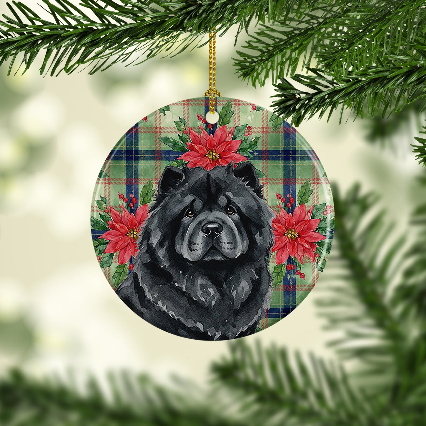Black Chow Chow Christmas PoinsettIas Ceramic Ornament