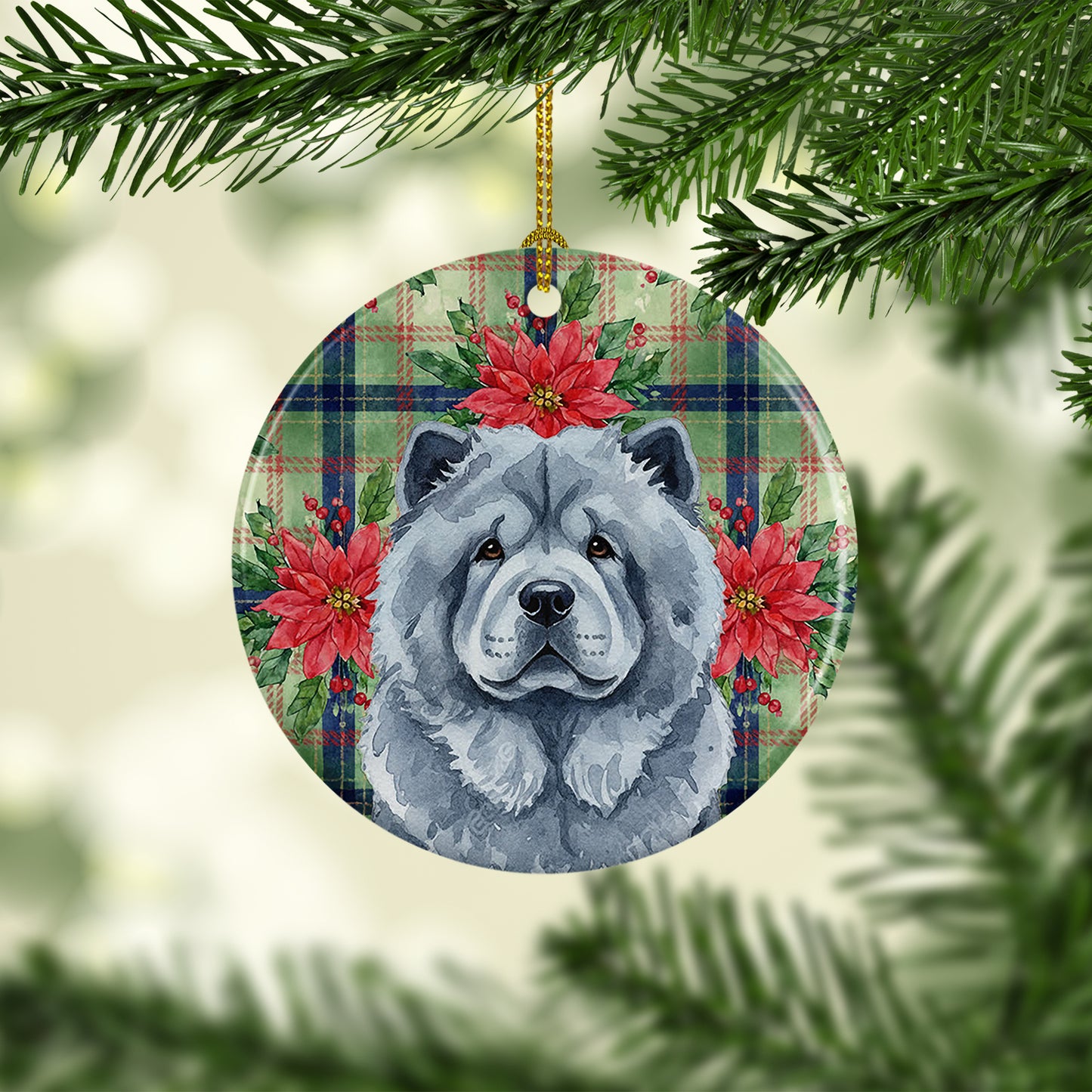 Blue Chow Chow Christmas PoinsettIas Ceramic Ornament