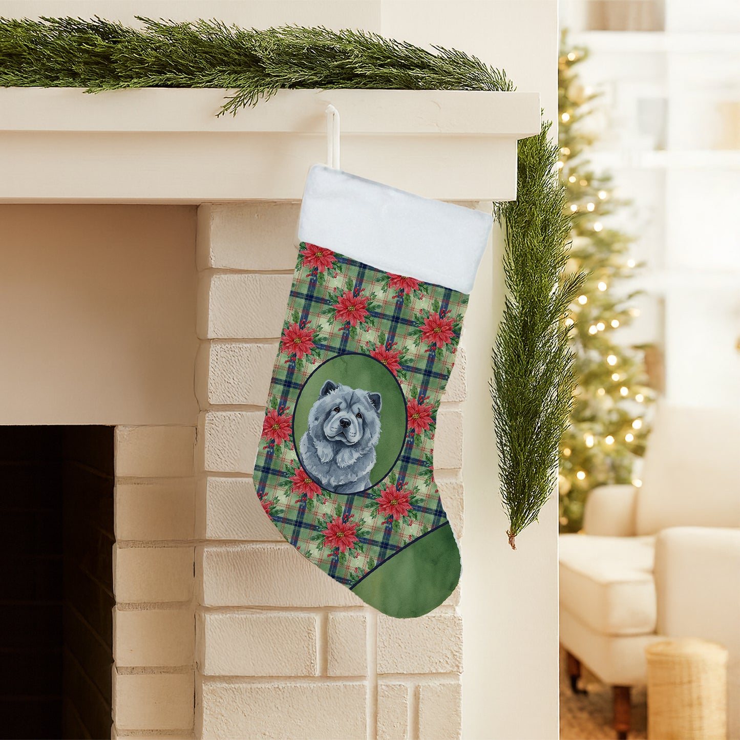 Blue Chow Chow Christmas PoinsettIas Holiday Stocking