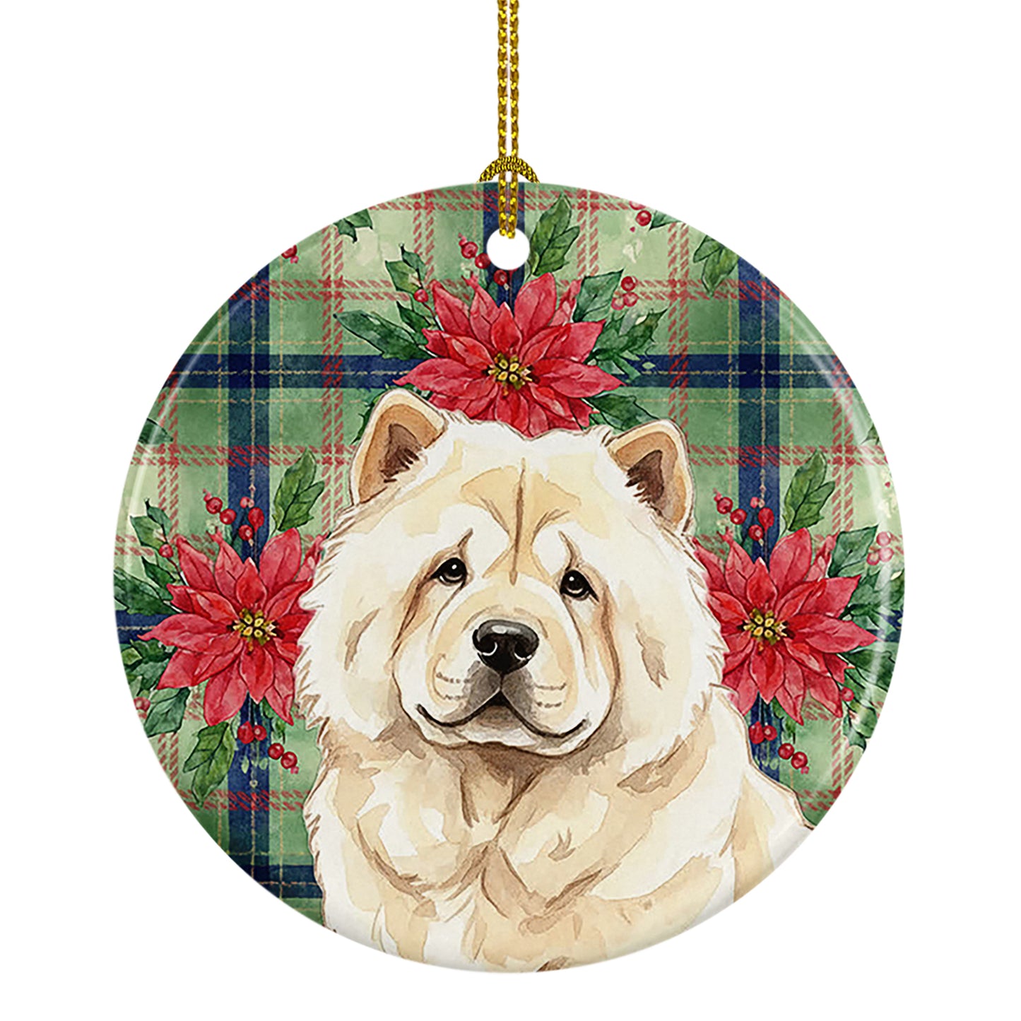 Buy this Cream Chow Chow Christmas PoinsettIas Ceramic Ornament