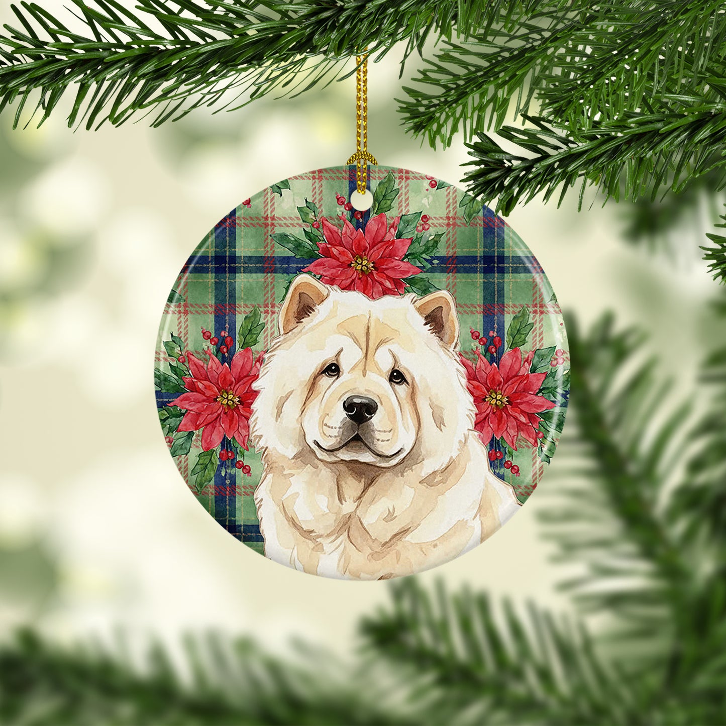 Cream Chow Chow Christmas PoinsettIas Ceramic Ornament