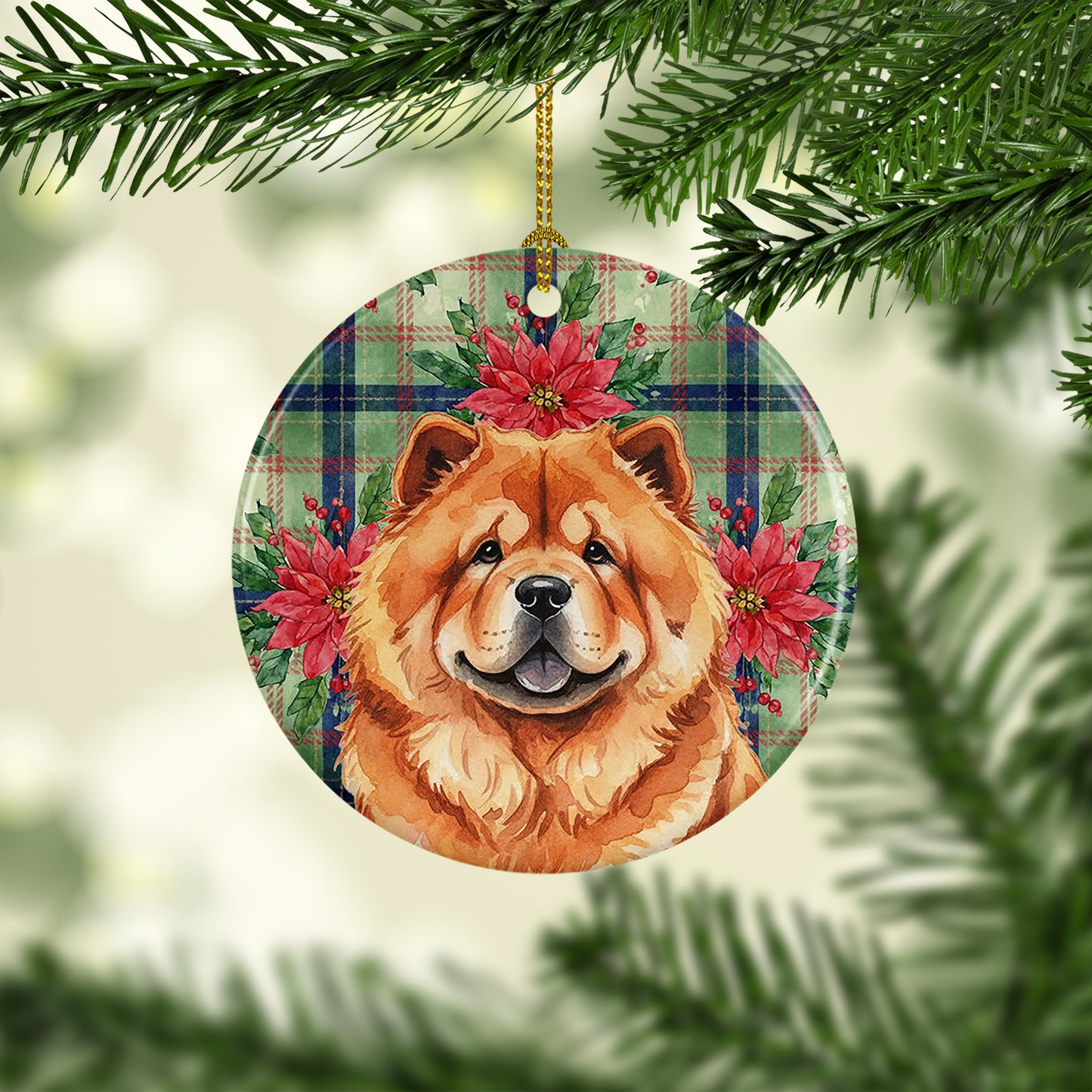 Red Chow Chow Christmas PoinsettIas Ceramic Ornament