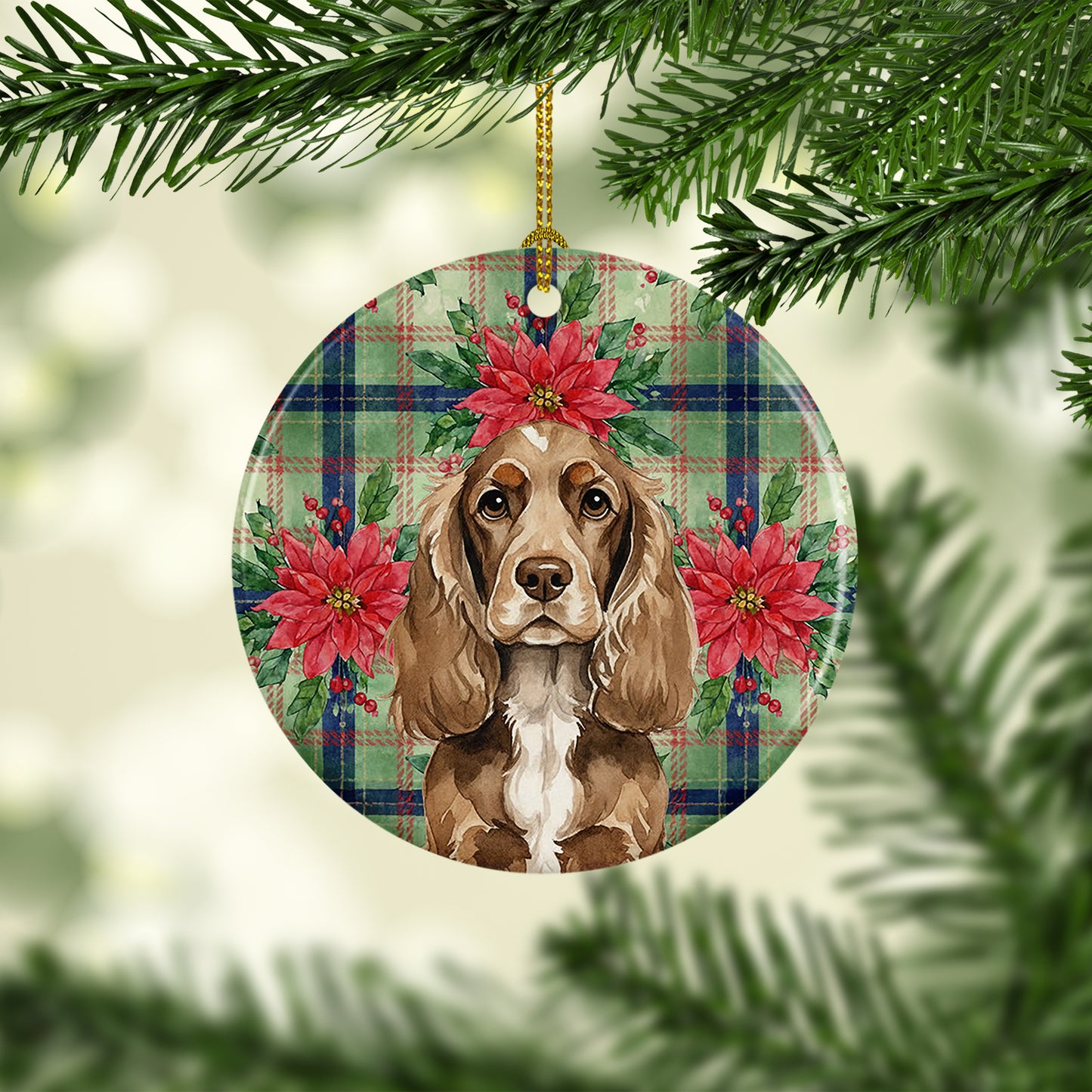 Chocolate Cocker Spaniel Christmas PoinsettIas Ceramic Ornament