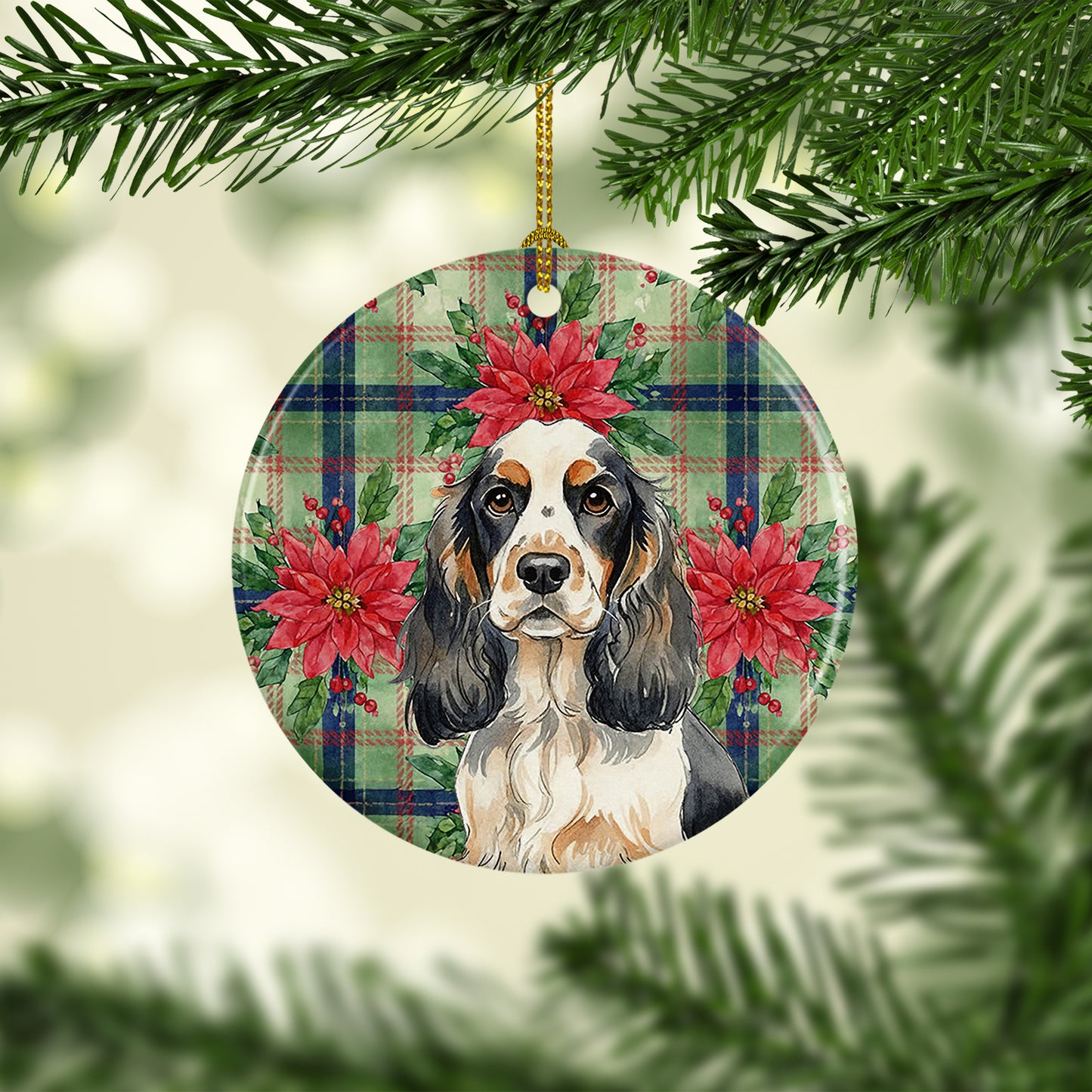 Parti Cocker Spaniel Christmas PoinsettIas Ceramic Ornament