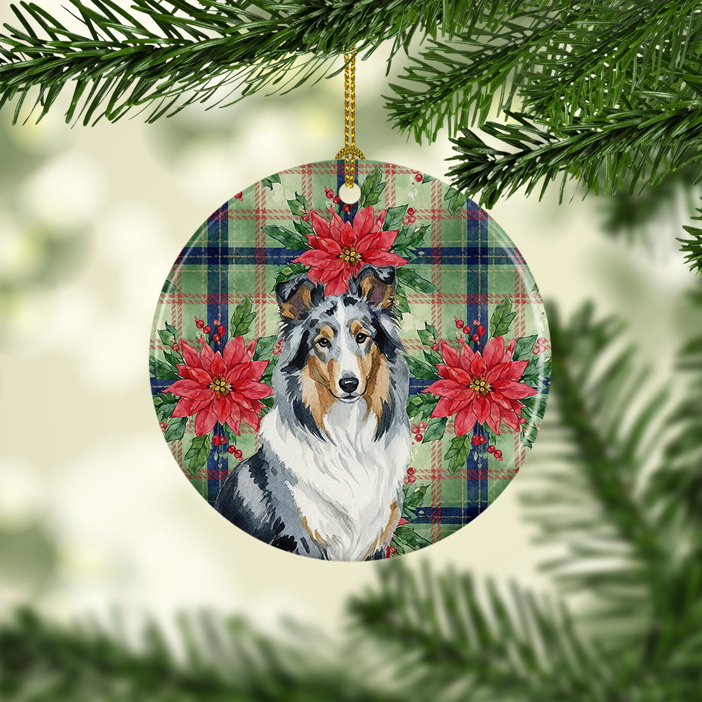 Blue Merle Collie Christmas PoinsettIas Ceramic Ornament