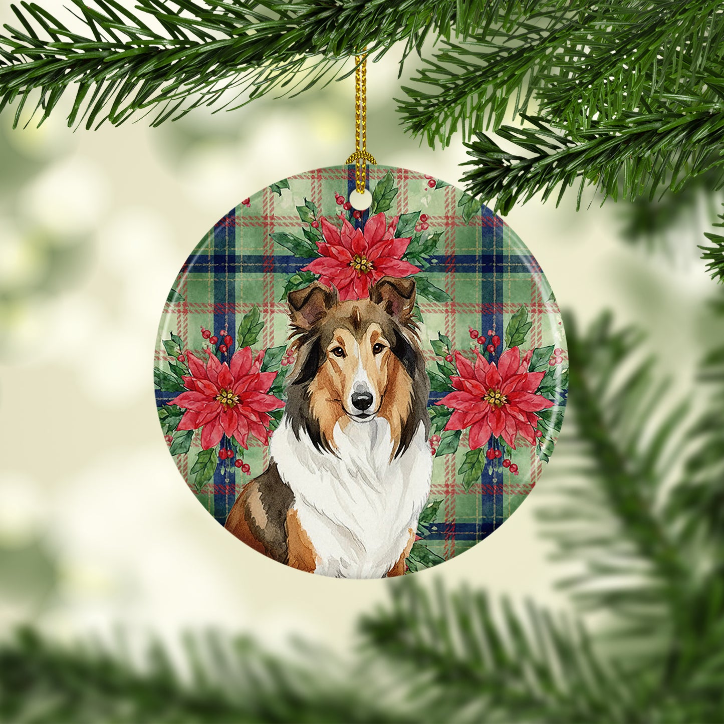 Sable Collie Christmas PoinsettIas Ceramic Ornament