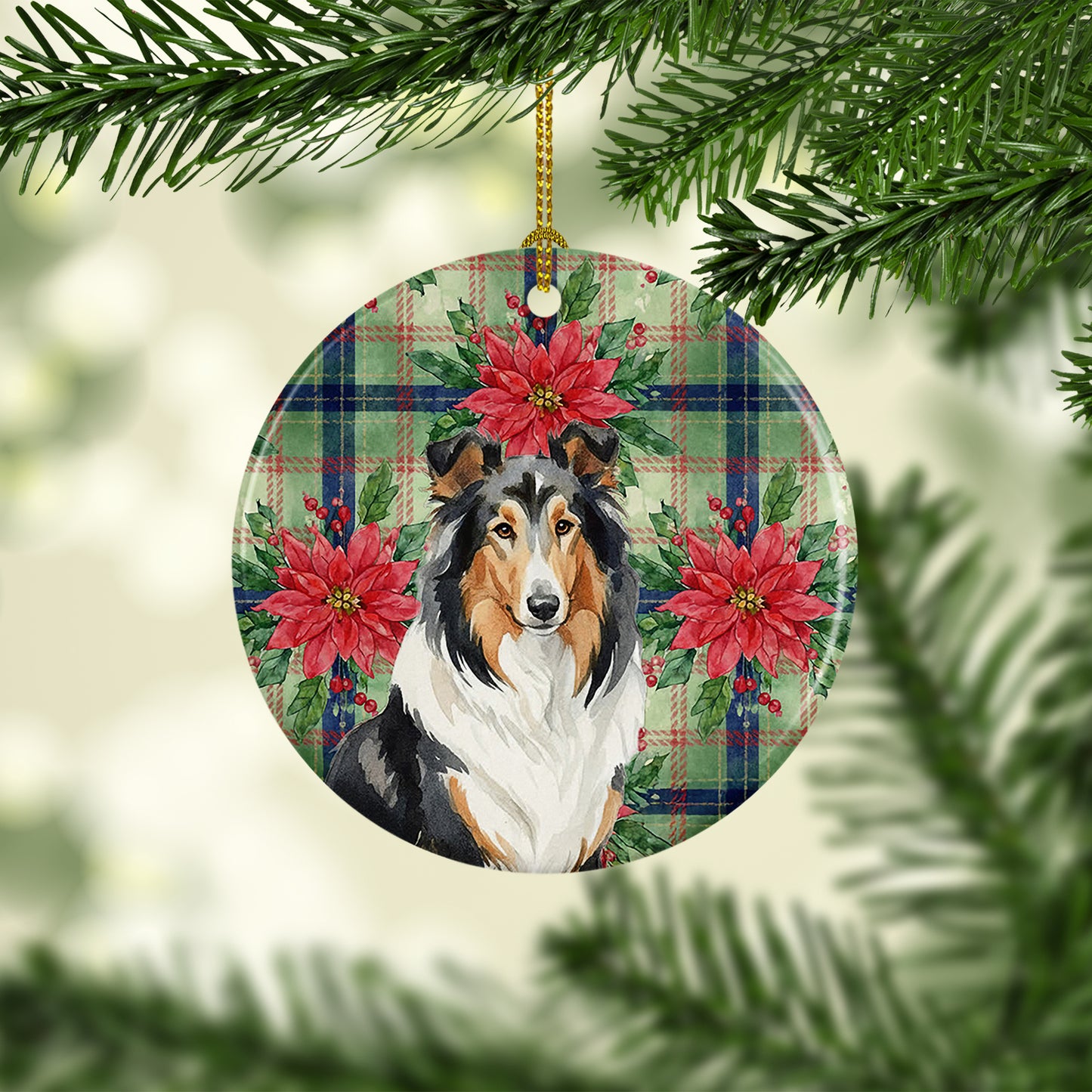 Tricolor Collie Christmas PoinsettIas Ceramic Ornament