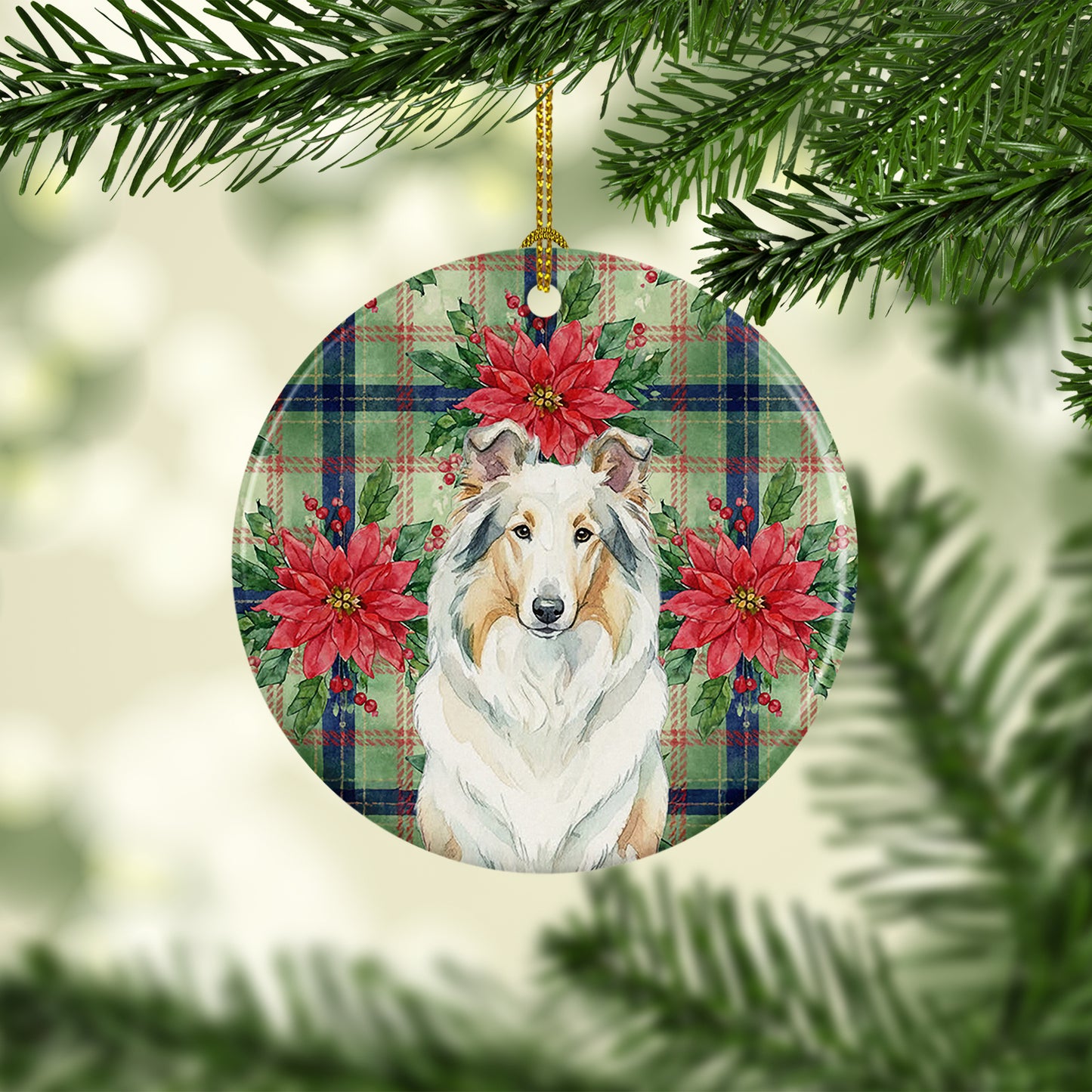 White Collie Christmas PoinsettIas Ceramic Ornament