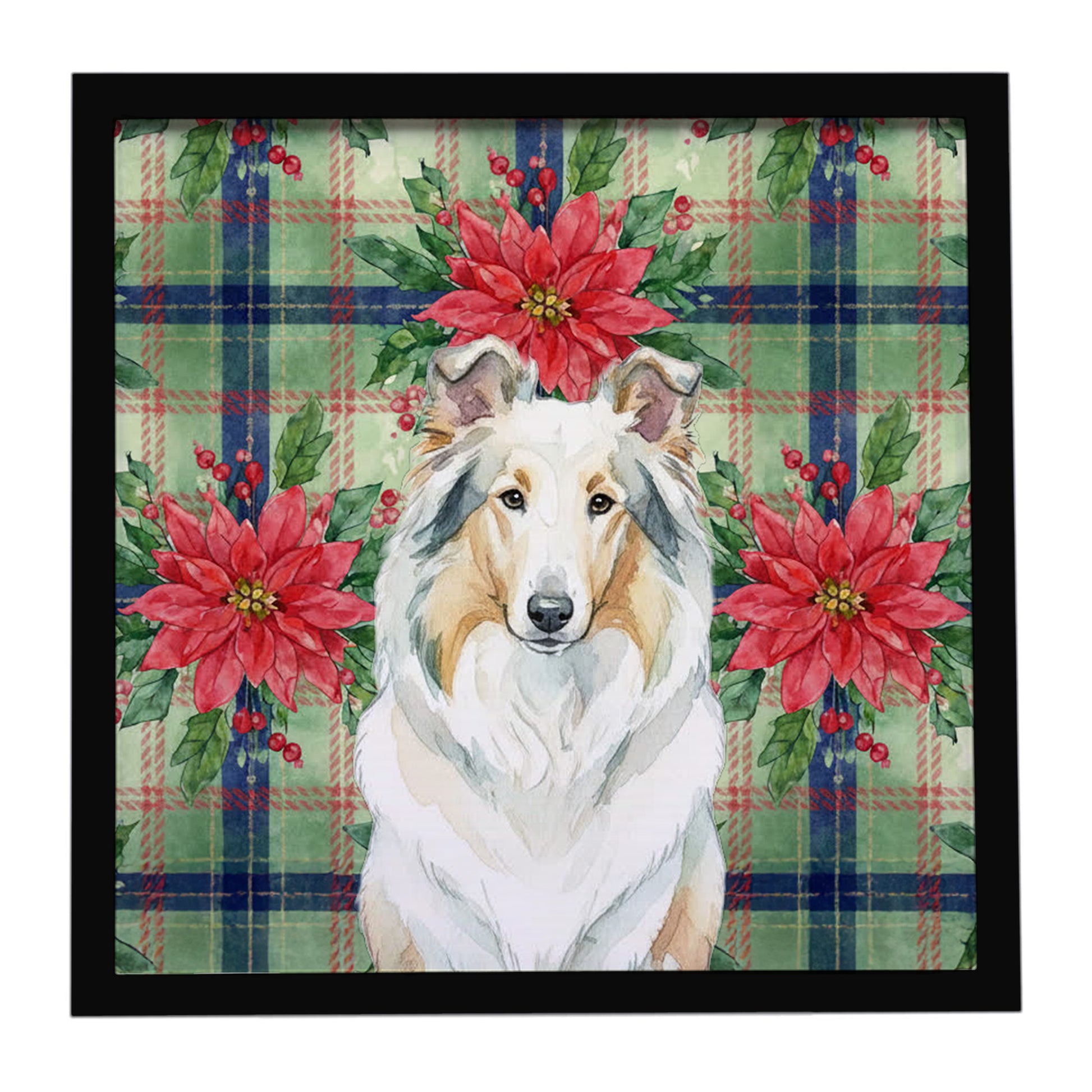 Buy this White Collie Christmas PoinsettIas Framed Metal Print
