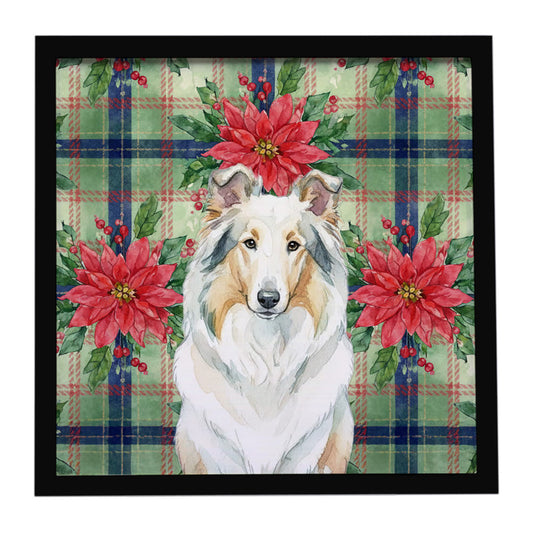 Buy this White Collie Christmas PoinsettIas Framed Metal Print