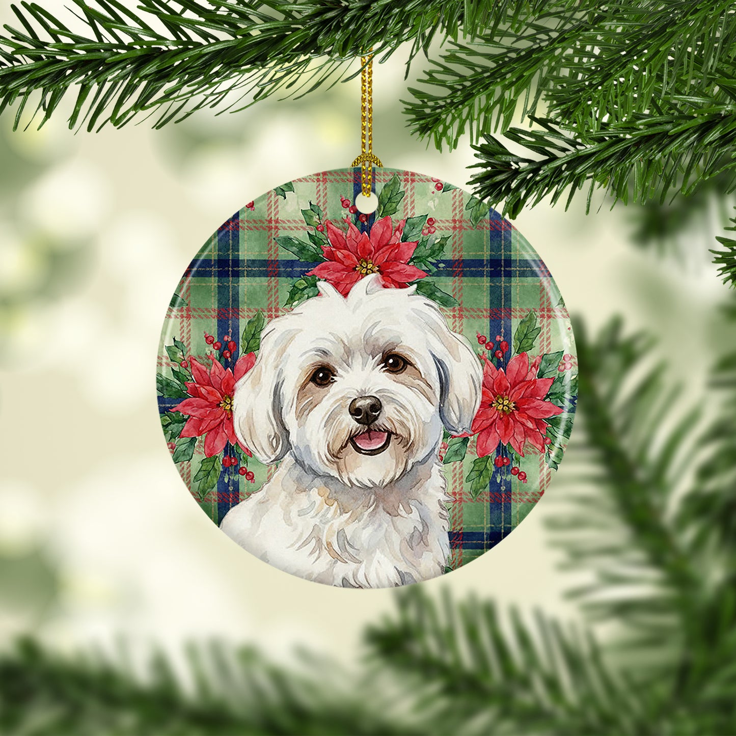 Coton de Tulear Christmas PoinsettIas Ceramic Ornament