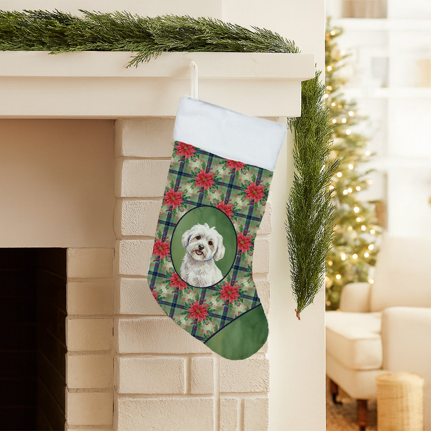 Coton de Tulear Christmas PoinsettIas Holiday Stocking