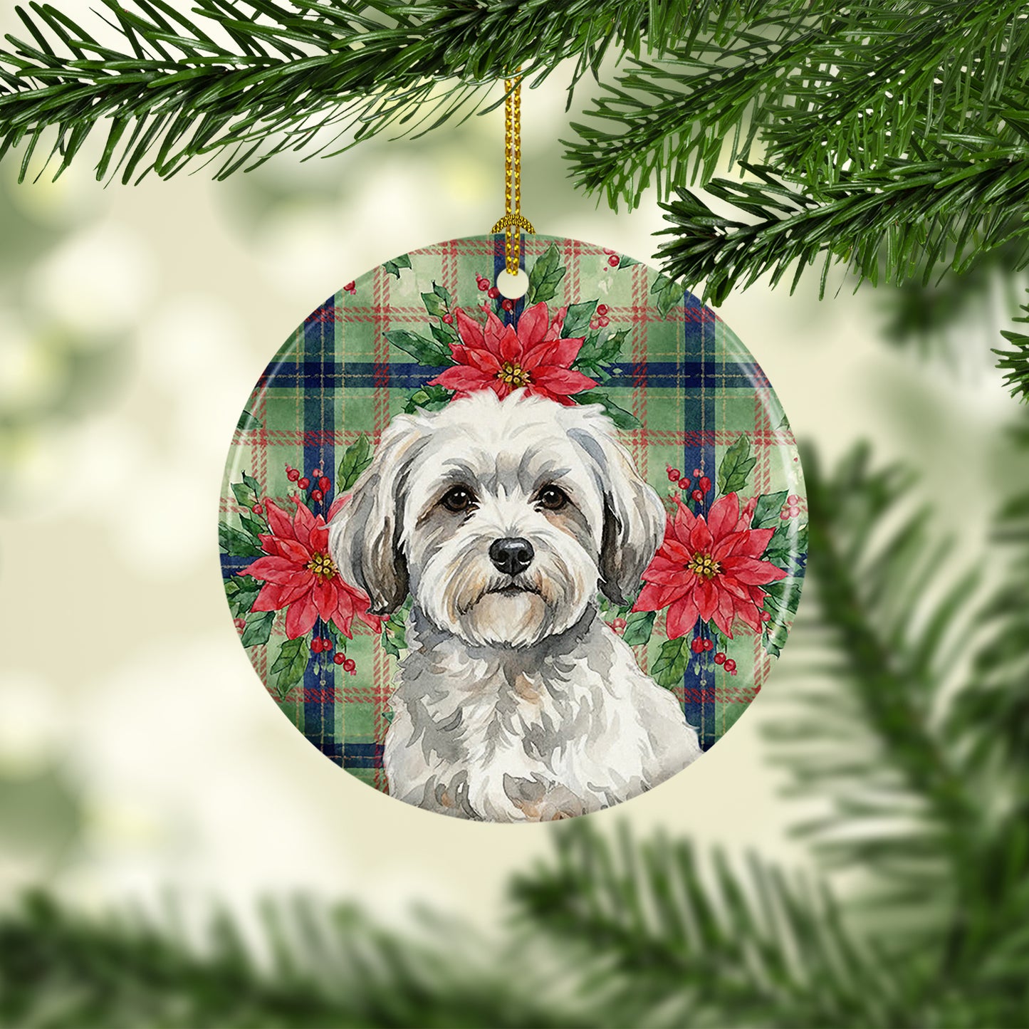 White with Gray Coton de Tulear Christmas PoinsettIas Ceramic Ornament