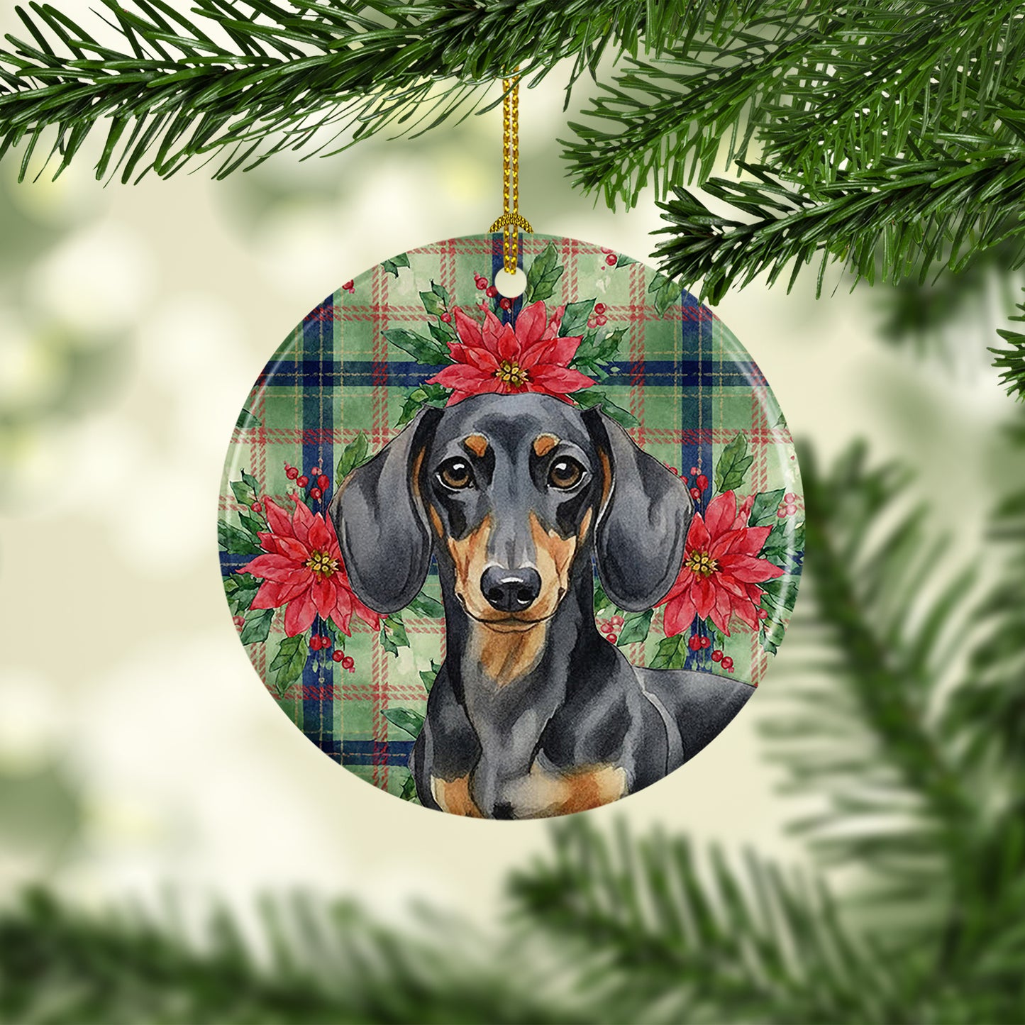 Black and Tan Dachshund Christmas PoinsettIas Ceramic Ornament