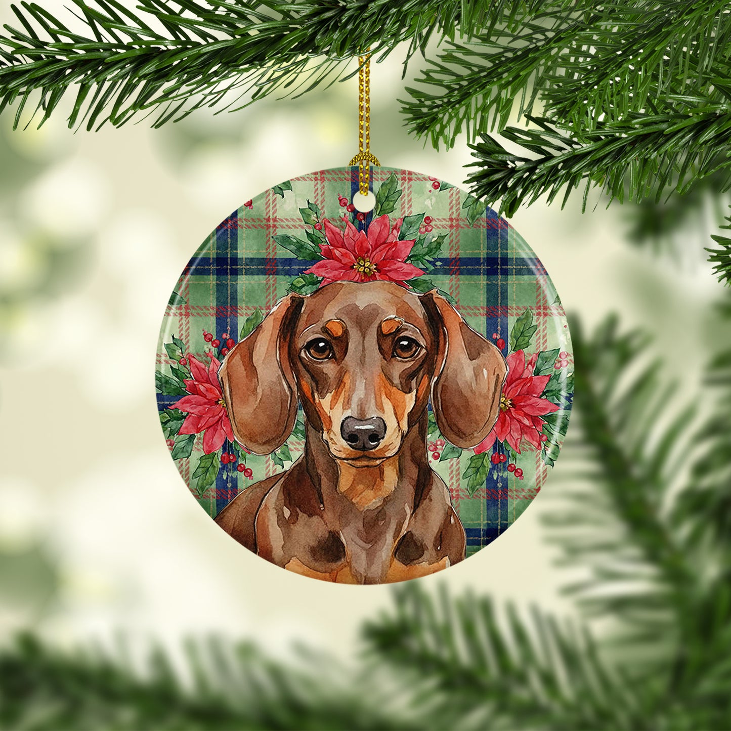 Chocolate and Tan Dachshund Christmas PoinsettIas Ceramic Ornament