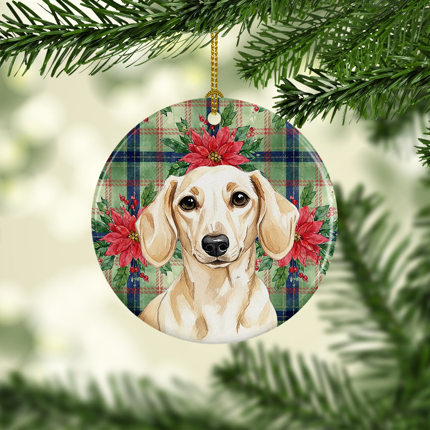 Cream Dachshund Christmas PoinsettIas Ceramic Ornament