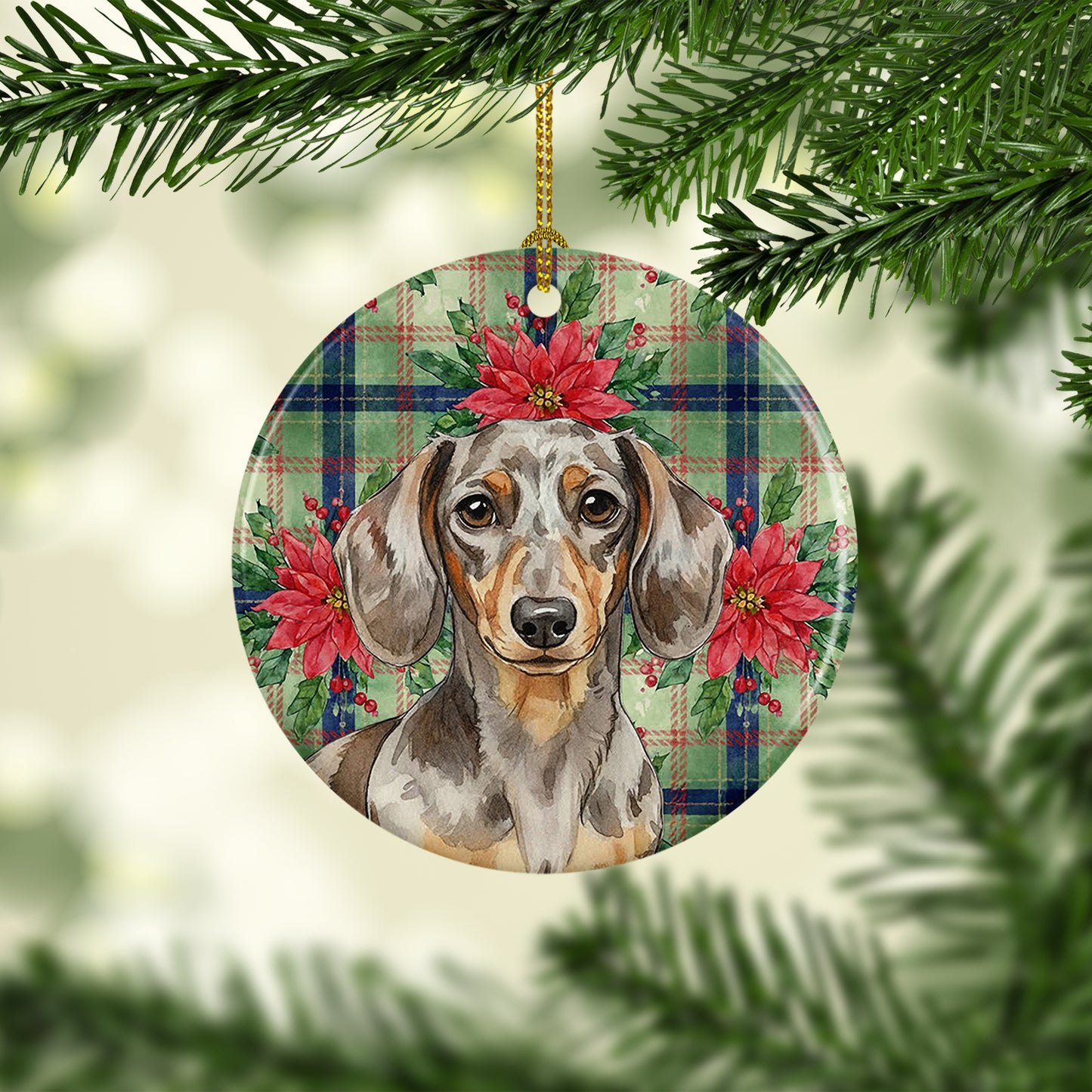 Dapple Dachshund Christmas PoinsettIas Ceramic Ornament