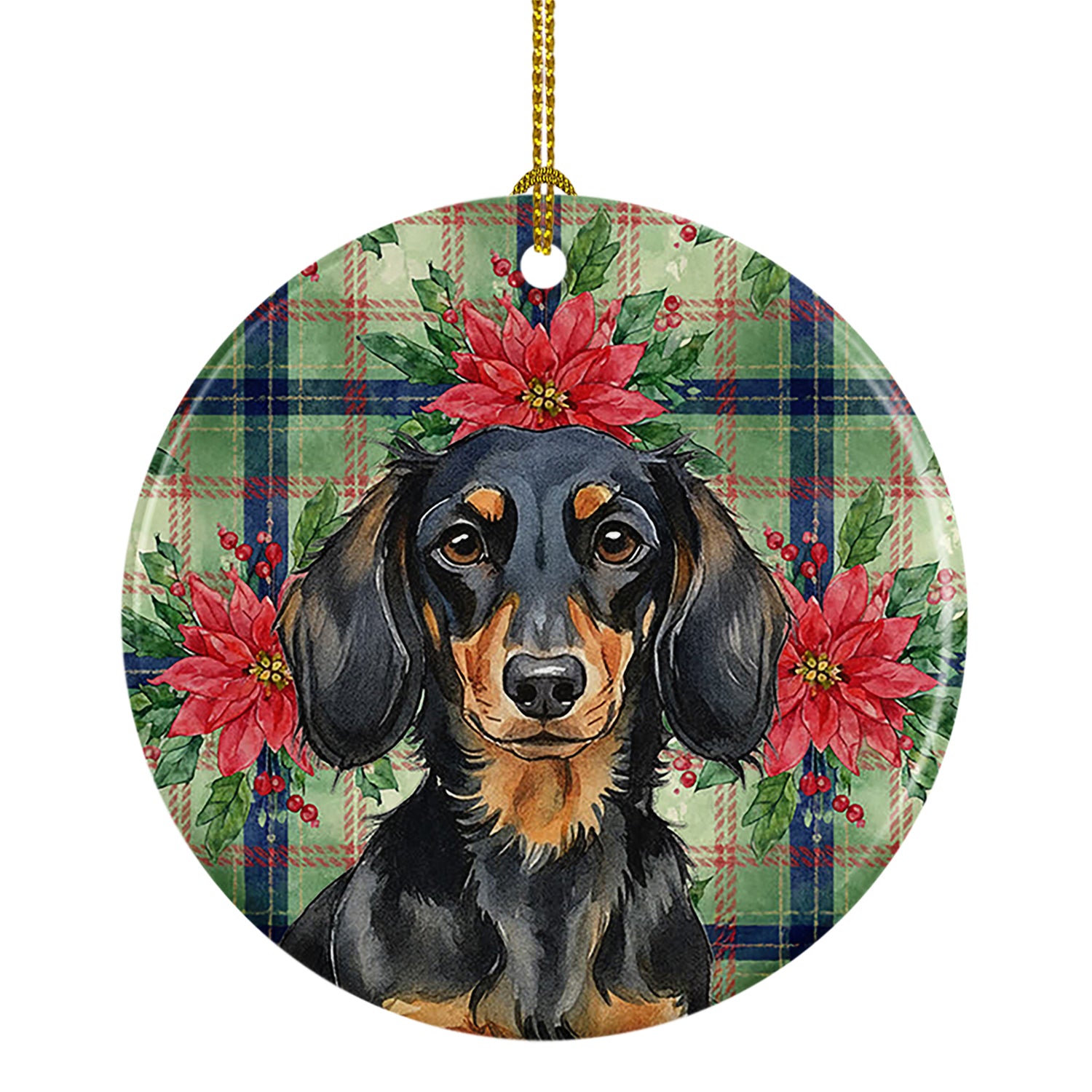 Buy this Longhaired Black and Tan Dachshund Christmas PoinsettIas Ceramic Ornament