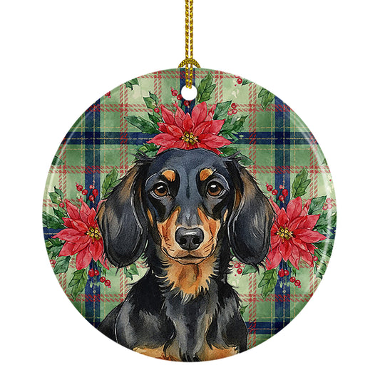 Buy this Longhaired Black and Tan Dachshund Christmas PoinsettIas Ceramic Ornament