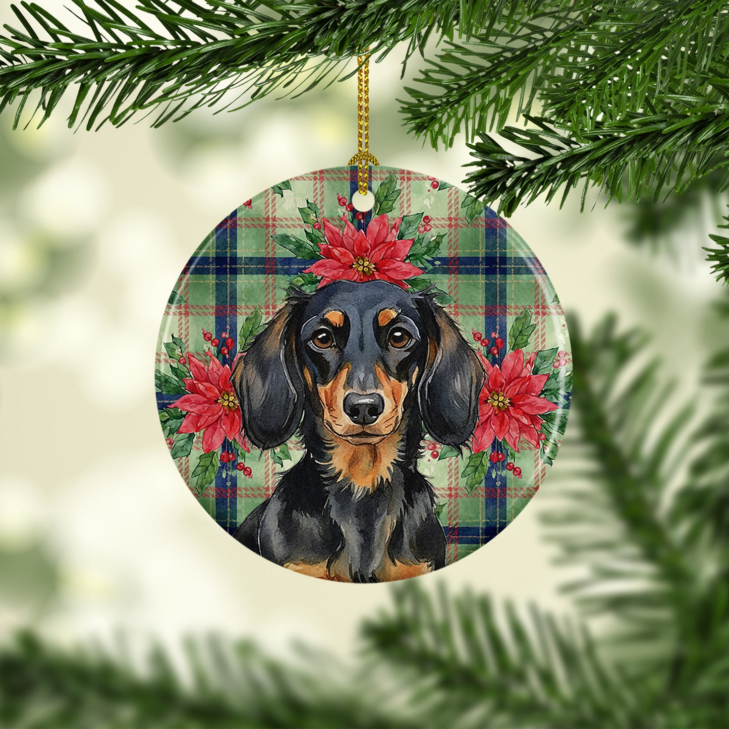 Longhaired Black and Tan Dachshund Christmas PoinsettIas Ceramic Ornament