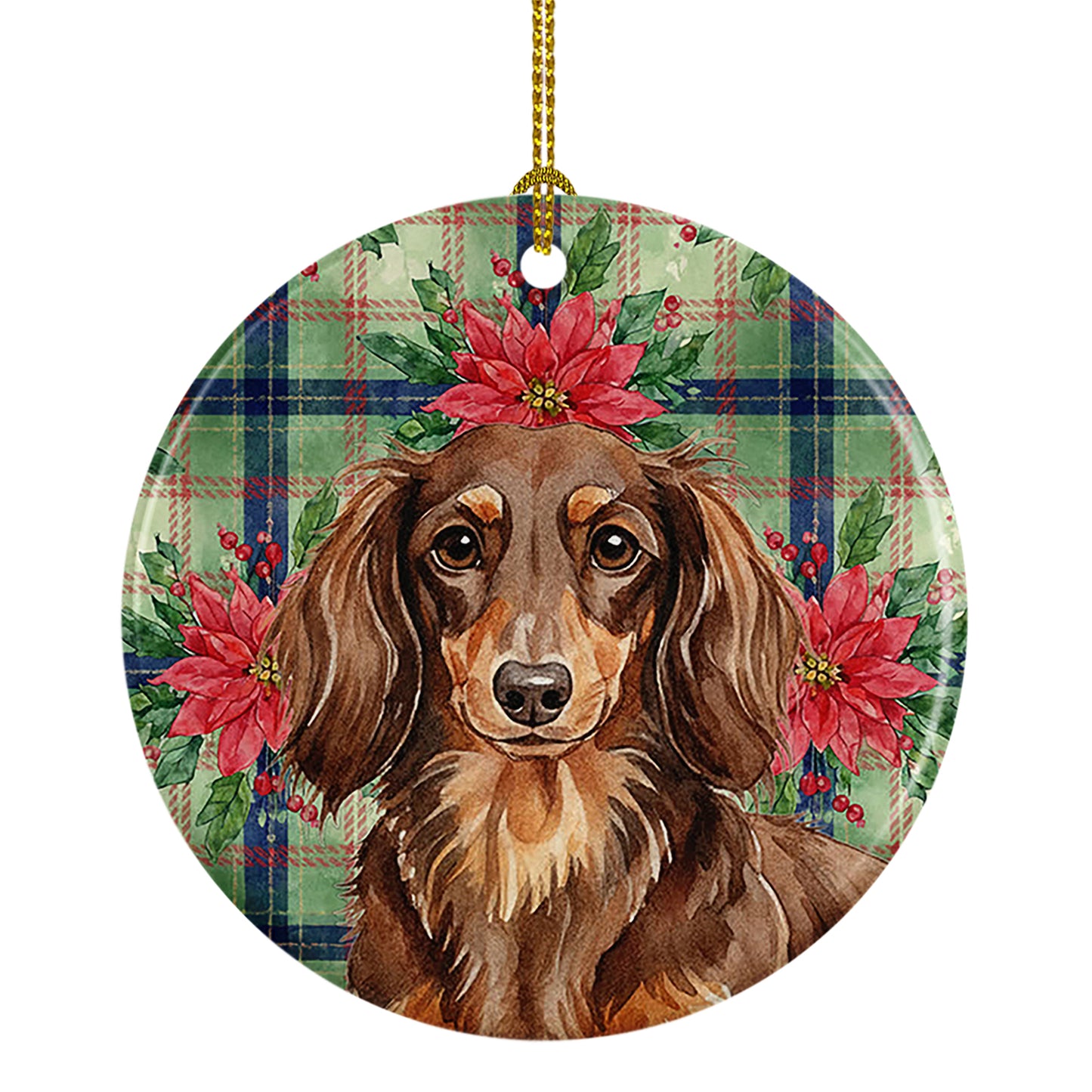 Buy this Longhaired Chocolate and Tan Dachshund Christmas PoinsettIas Ceramic Ornament