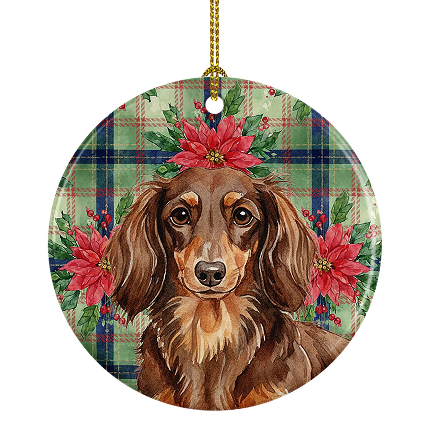Buy this Longhaired Chocolate and Tan Dachshund Christmas PoinsettIas Ceramic Ornament