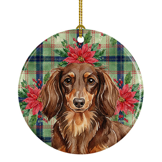Buy this Longhaired Chocolate and Tan Dachshund Christmas PoinsettIas Ceramic Ornament