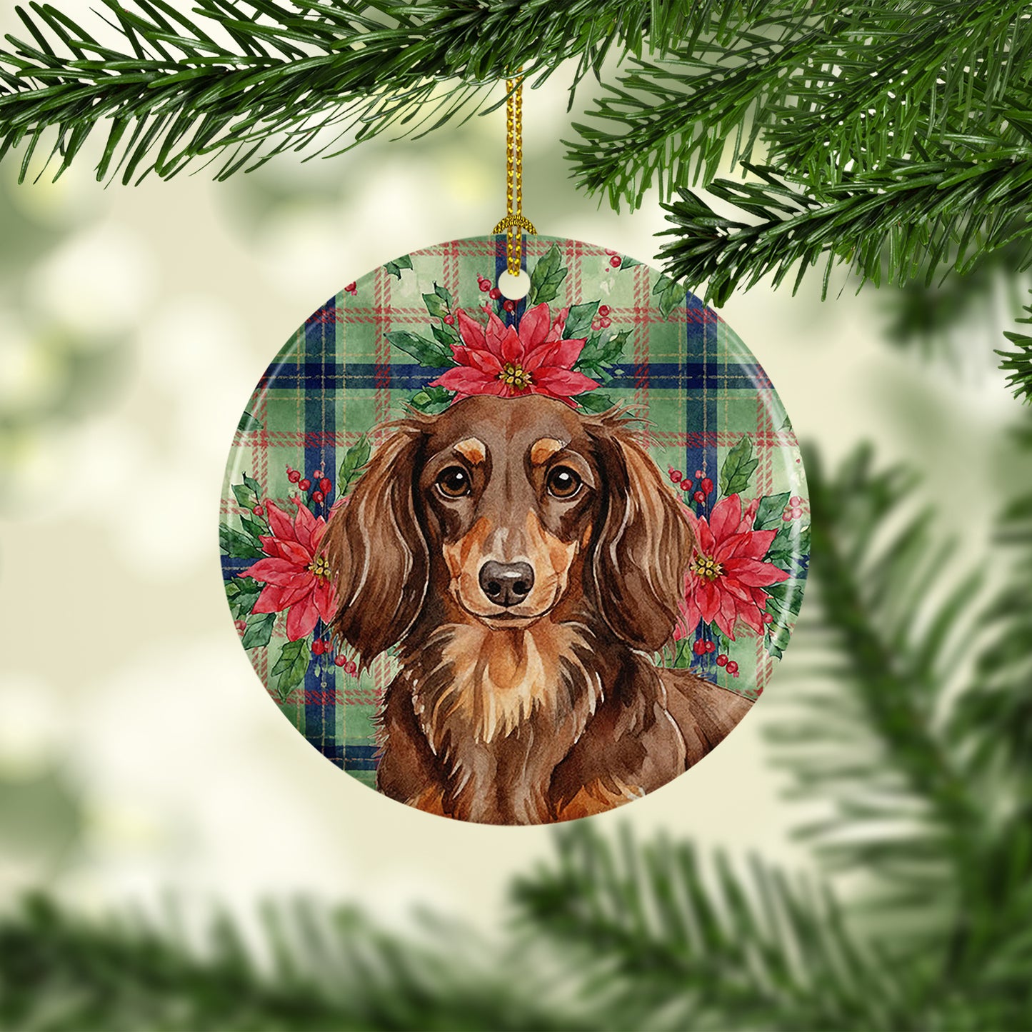 Longhaired Chocolate and Tan Dachshund Christmas PoinsettIas Ceramic Ornament