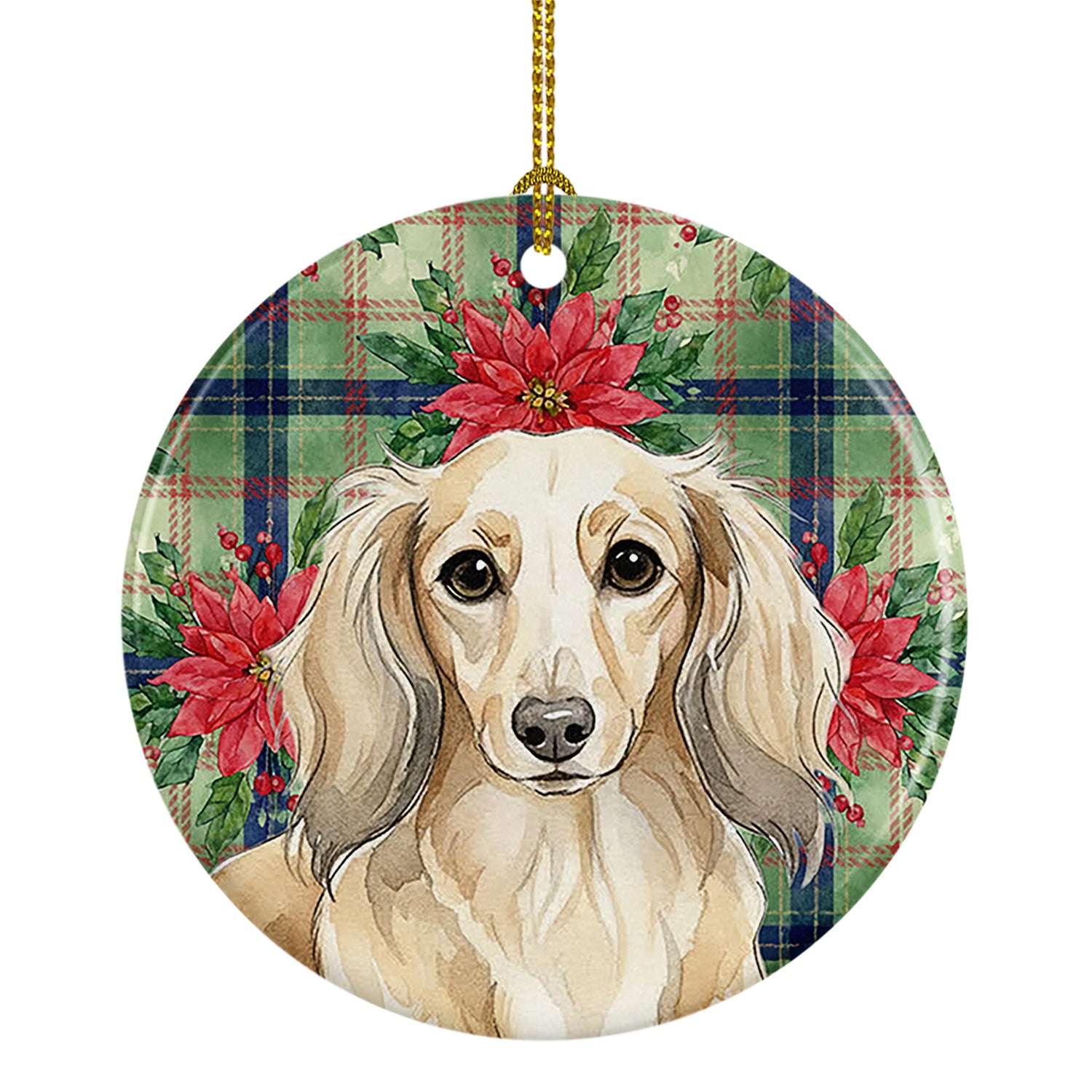 Buy this Longhaired Cream Dachshund Christmas PoinsettIas Ceramic Ornament
