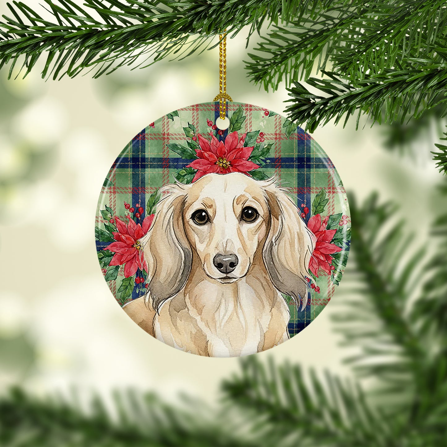 Longhaired Cream Dachshund Christmas PoinsettIas Ceramic Ornament