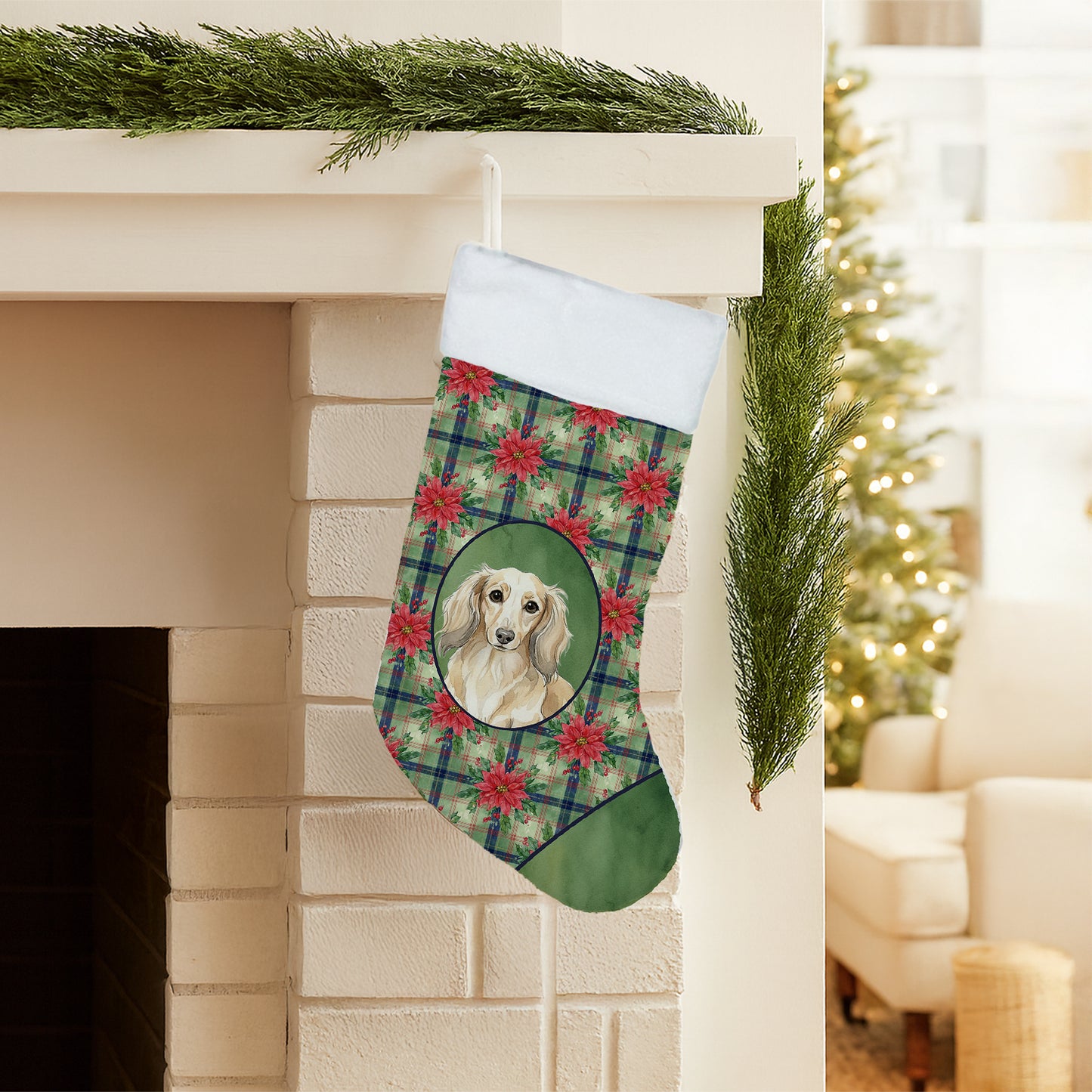 Longhaired Cream Dachshund Christmas PoinsettIas Holiday Stocking