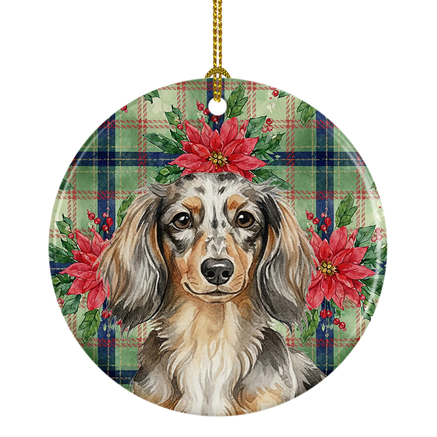 Buy this Longhaired Dapple Dachshund Christmas PoinsettIas Ceramic Ornament