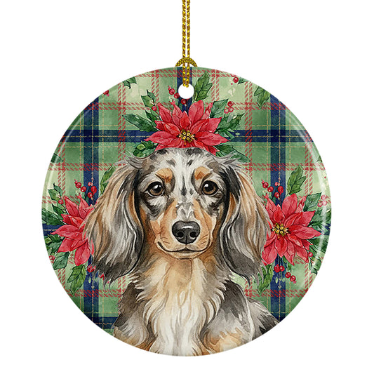Buy this Longhaired Dapple Dachshund Christmas PoinsettIas Ceramic Ornament