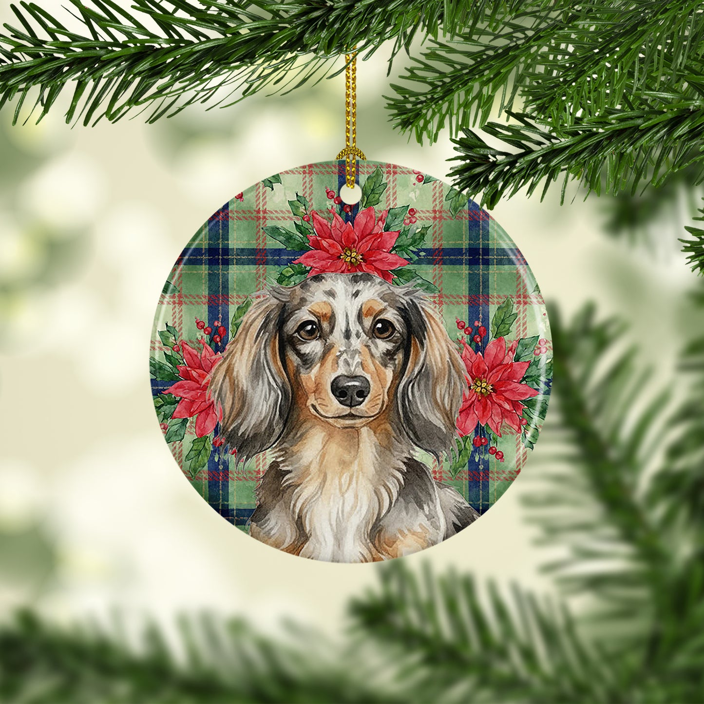 Longhaired Dapple Dachshund Christmas PoinsettIas Ceramic Ornament