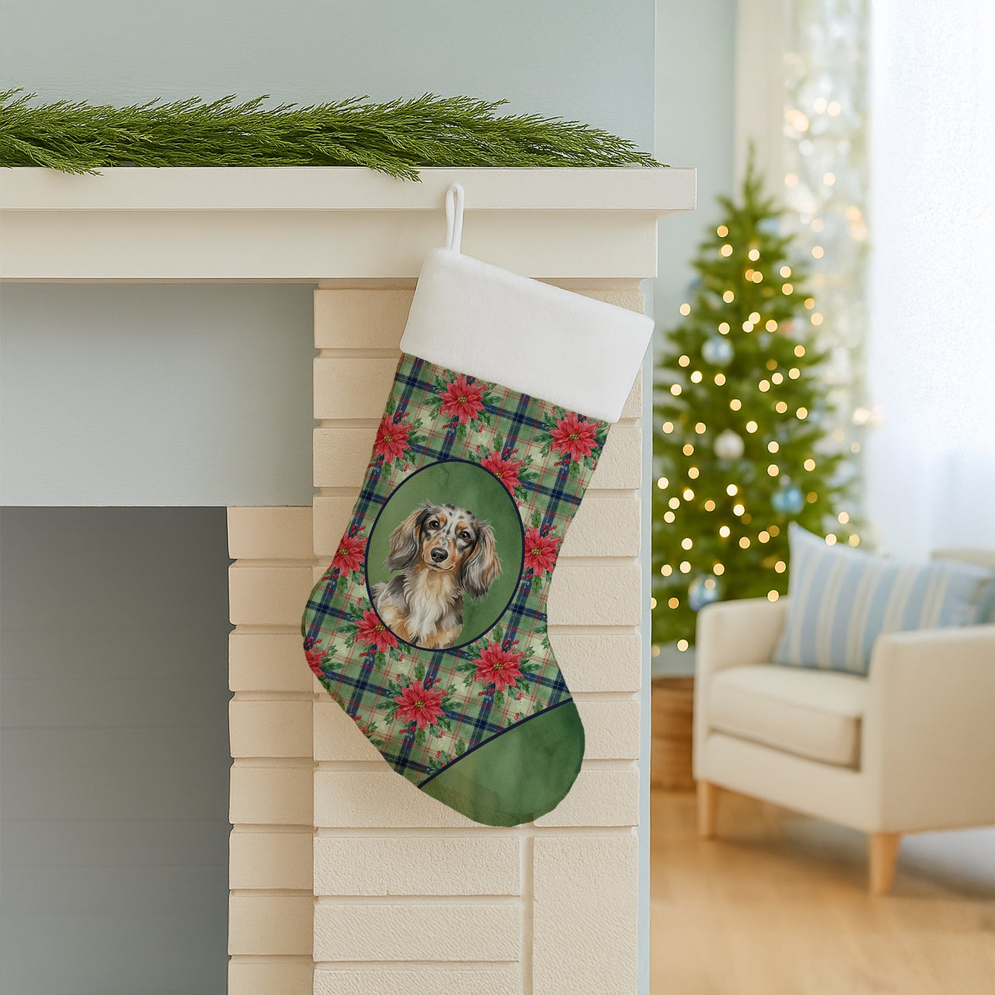 Longhaired Dapple Dachshund Christmas PoinsettIas Holiday Stocking