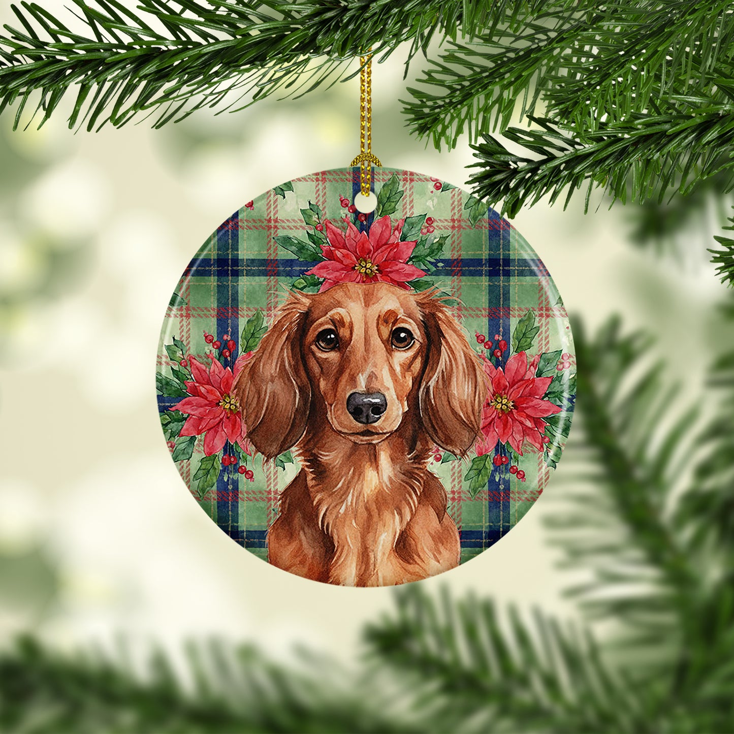 Longhaired Red Dachshund Christmas PoinsettIas Ceramic Ornament