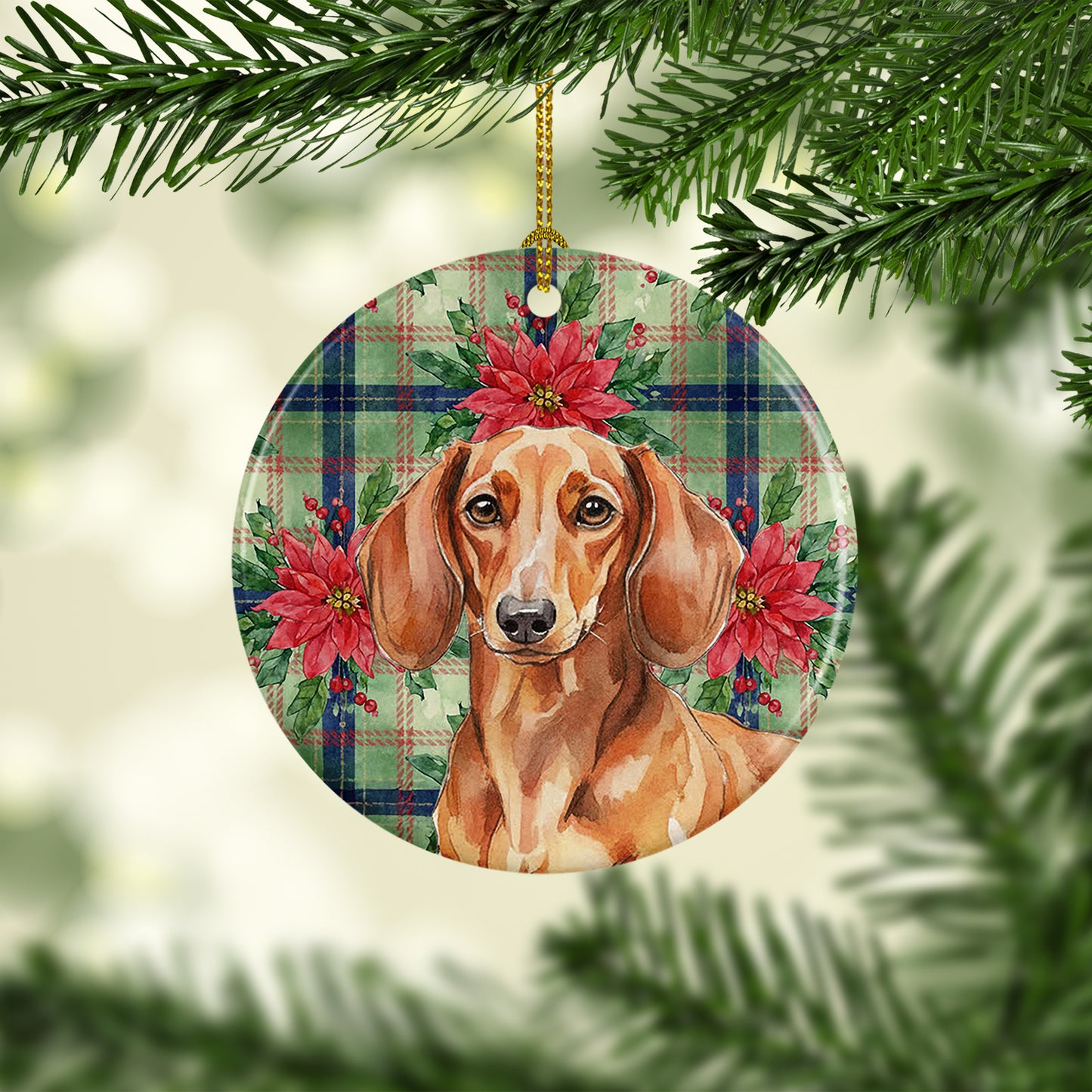 Red Brown Dachshund Christmas PoinsettIas Ceramic Ornament