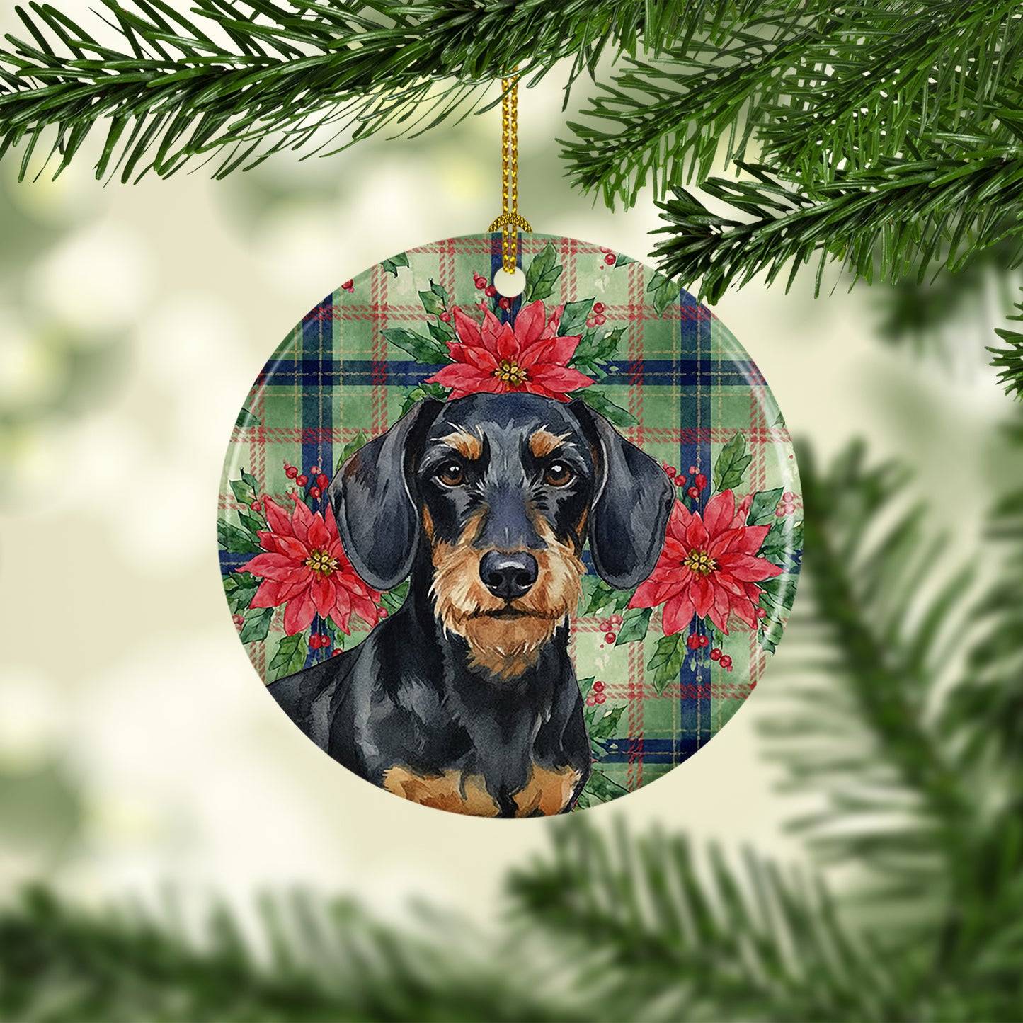 Wirehaired Black and Tan Dachshund Christmas PoinsettIas Ceramic Ornament