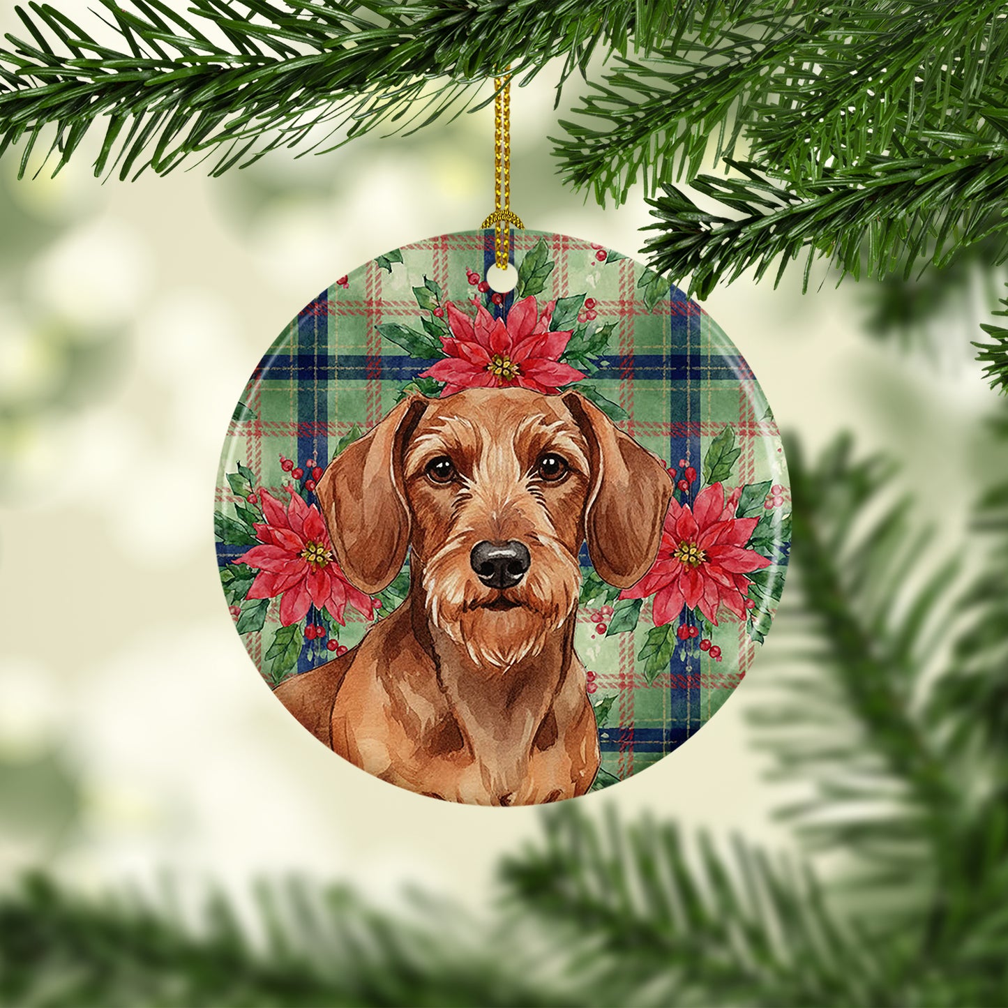 Wirehaired Red Dachshund Christmas PoinsettIas Ceramic Ornament