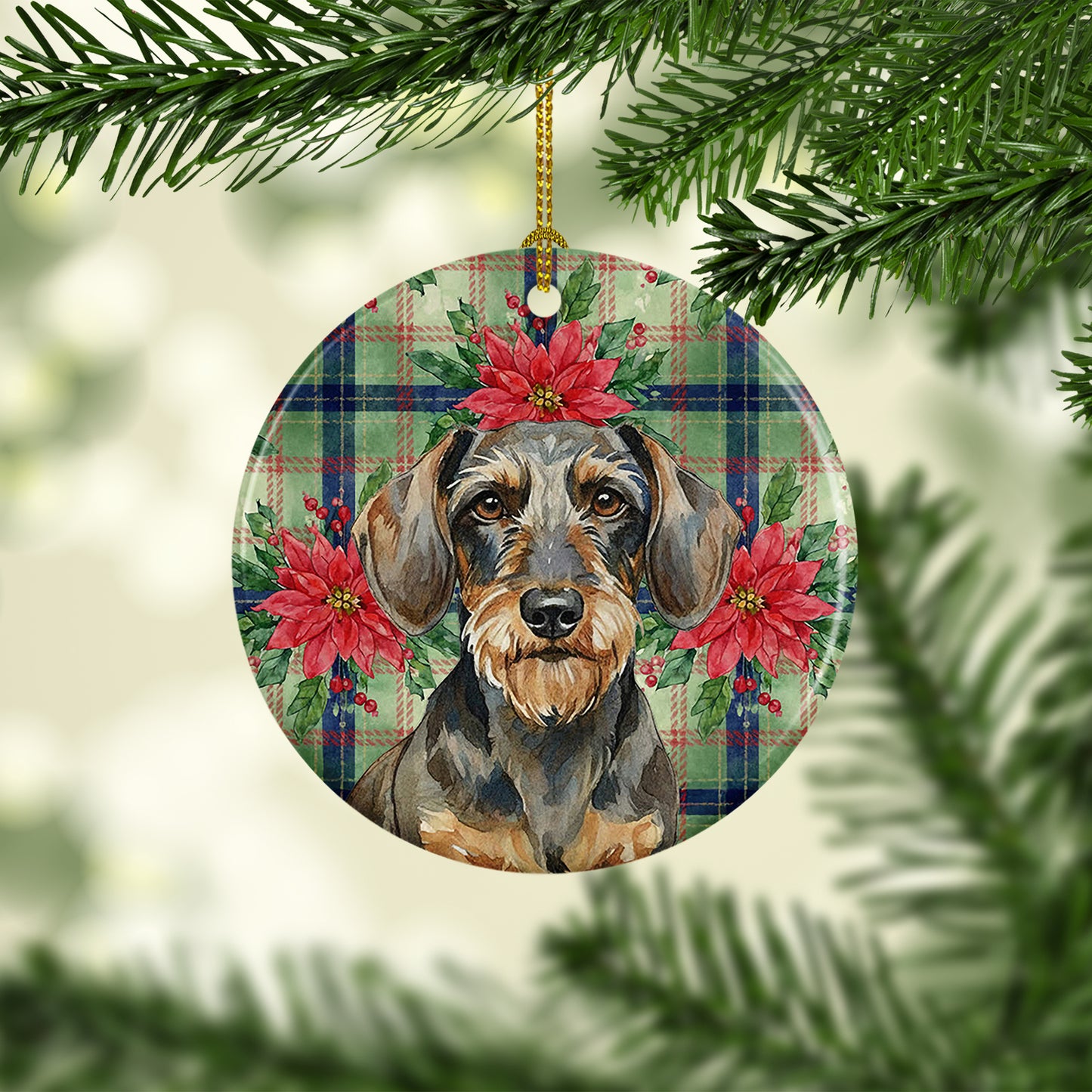 Wirehaired Wild Boar Dachshund Christmas PoinsettIas Ceramic Ornament