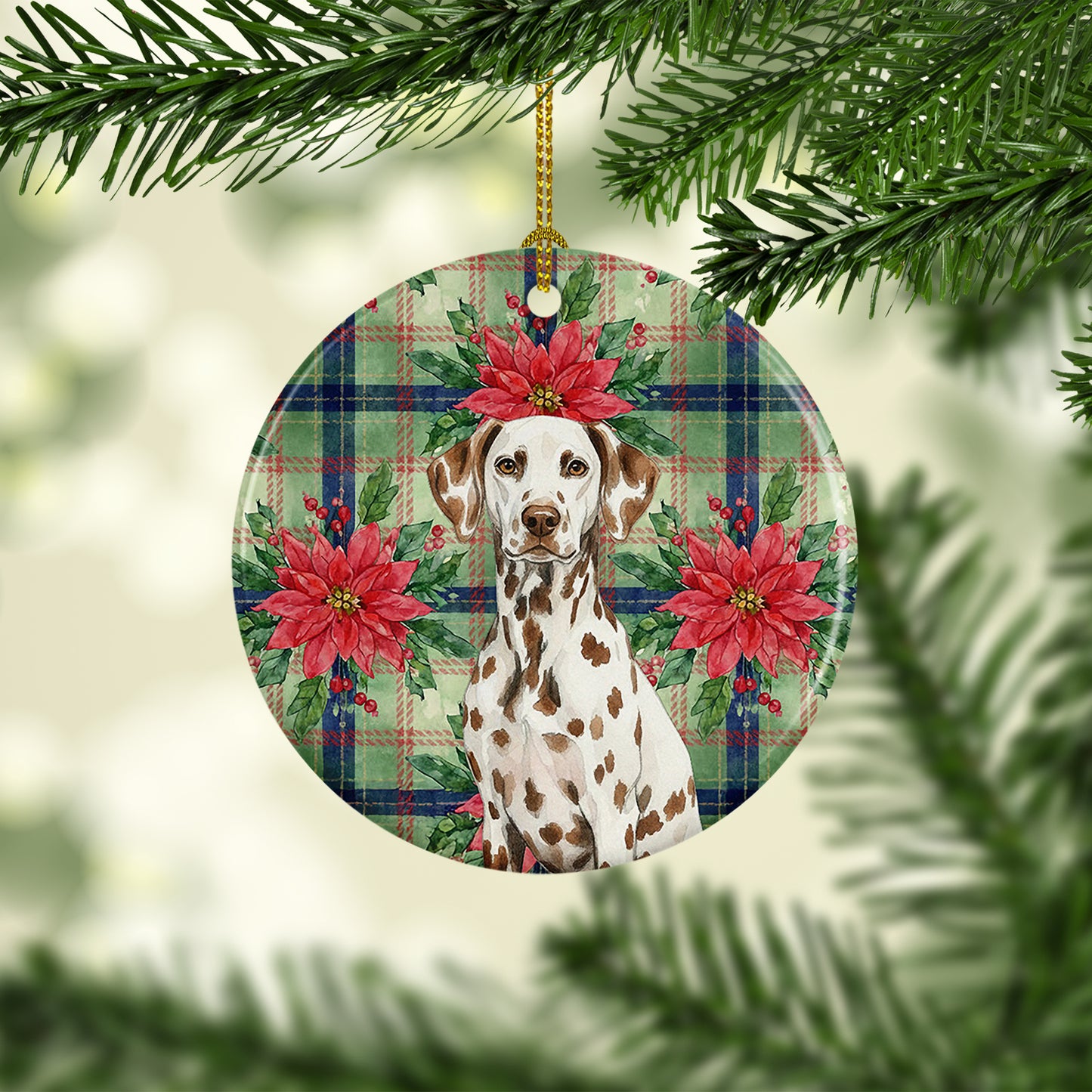 Liver Dalmatian Christmas PoinsettIas Ceramic Ornament