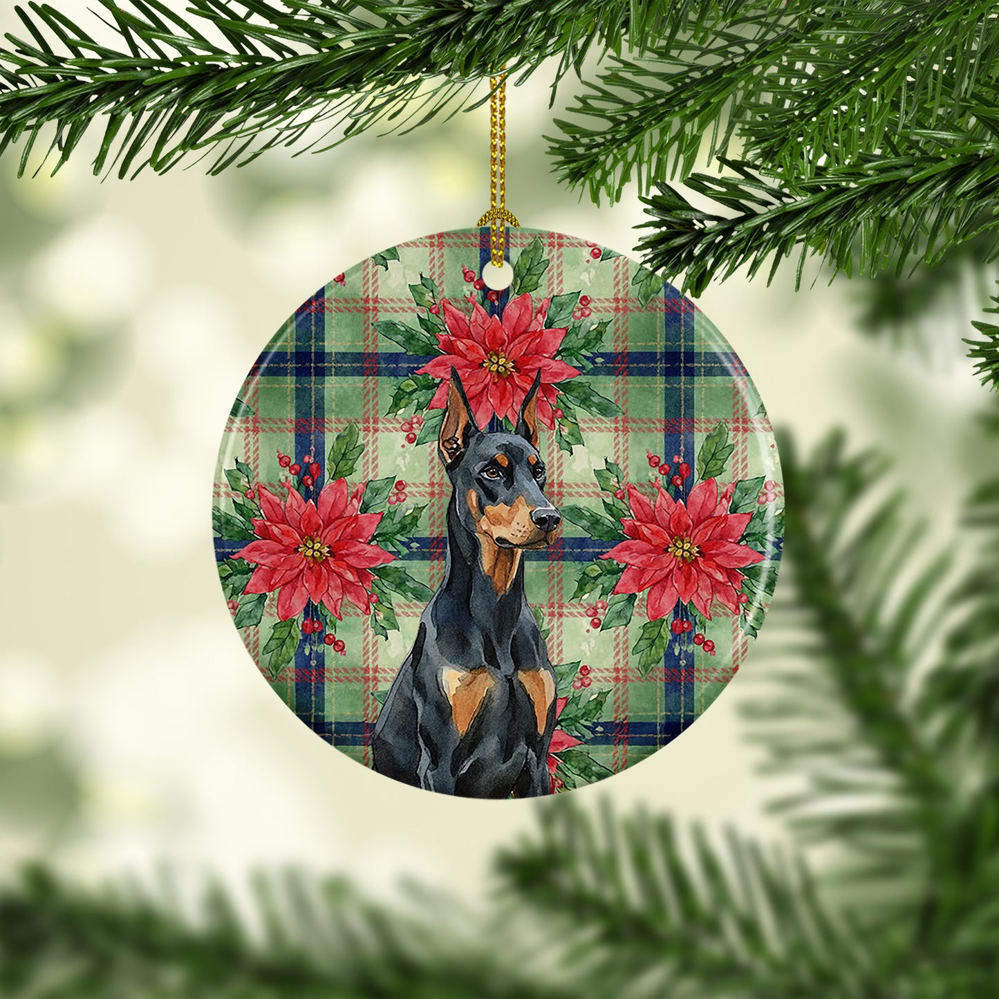 Doberman Pinscher Christmas PoinsettIas Ceramic Ornament