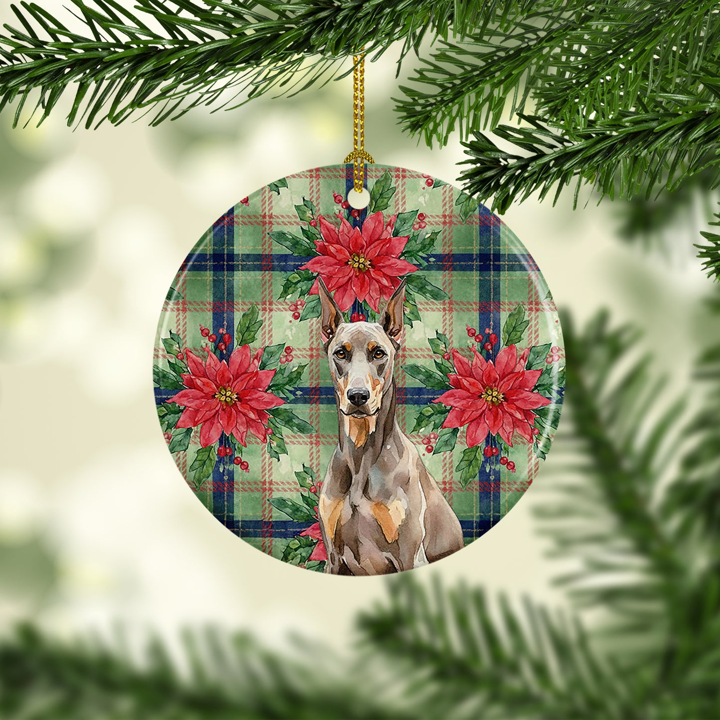 Fawn Doberman Pinscher Christmas PoinsettIas Ceramic Ornament