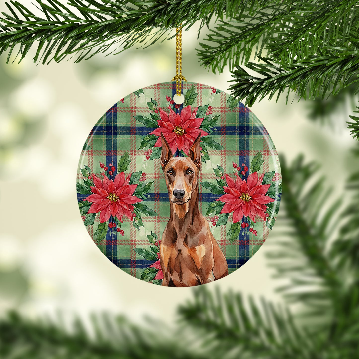 Red Doberman Pinscher Christmas PoinsettIas Ceramic Ornament