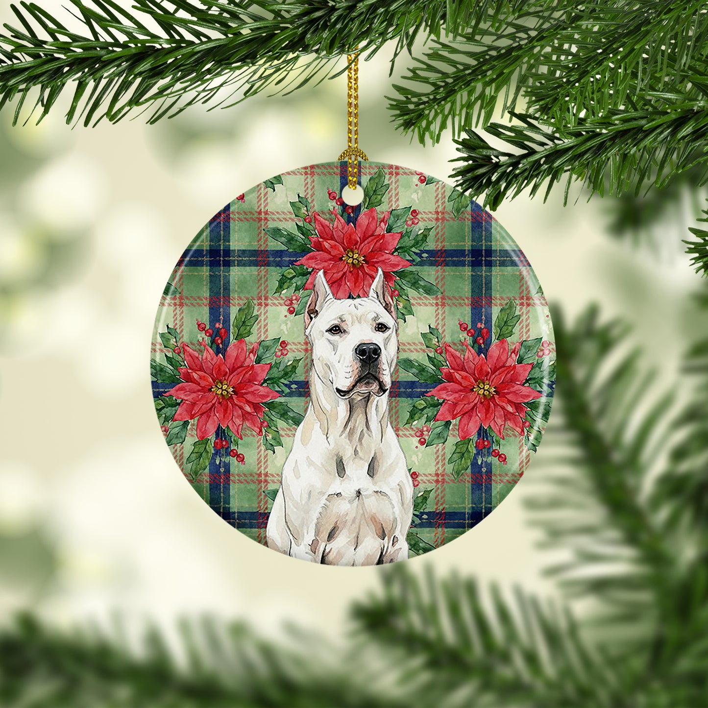 Dogo Argentino Christmas PoinsettIas Ceramic Ornament