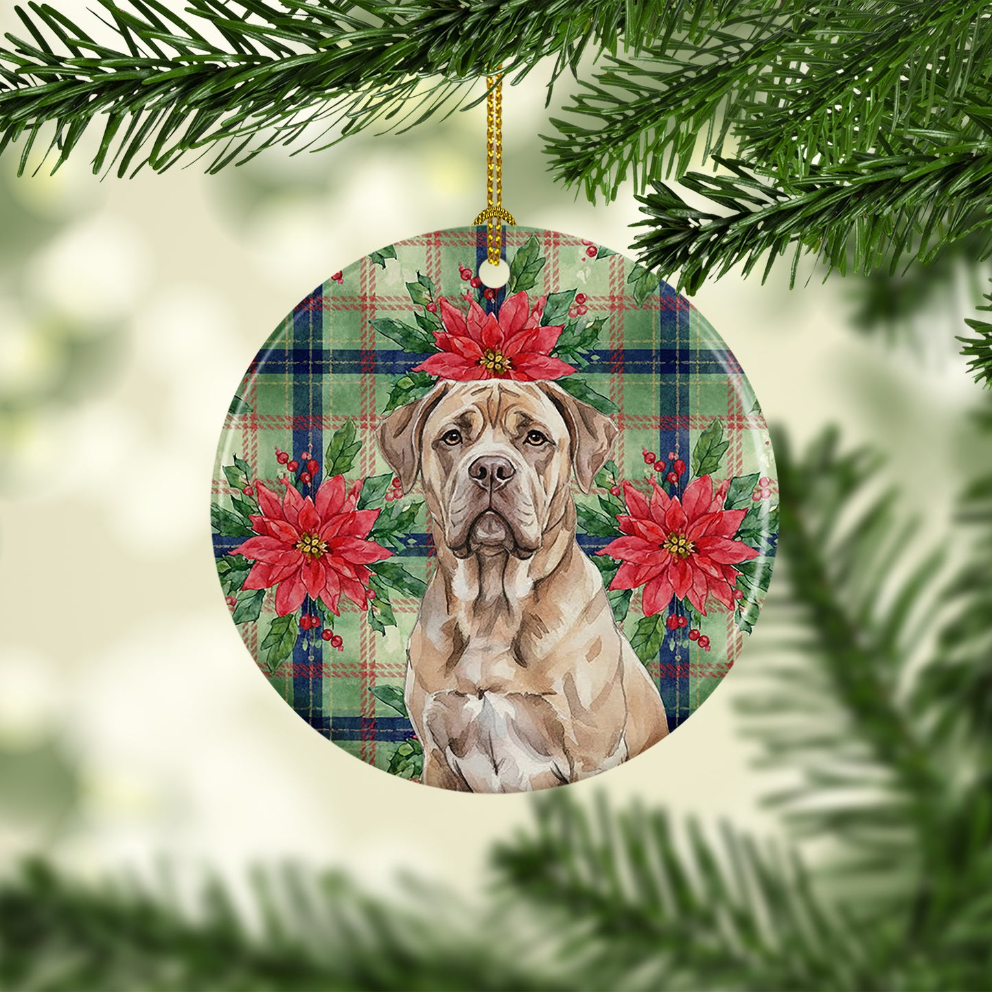Isabella Dogue de Bordeaux Christmas PoinsettIas Ceramic Ornament