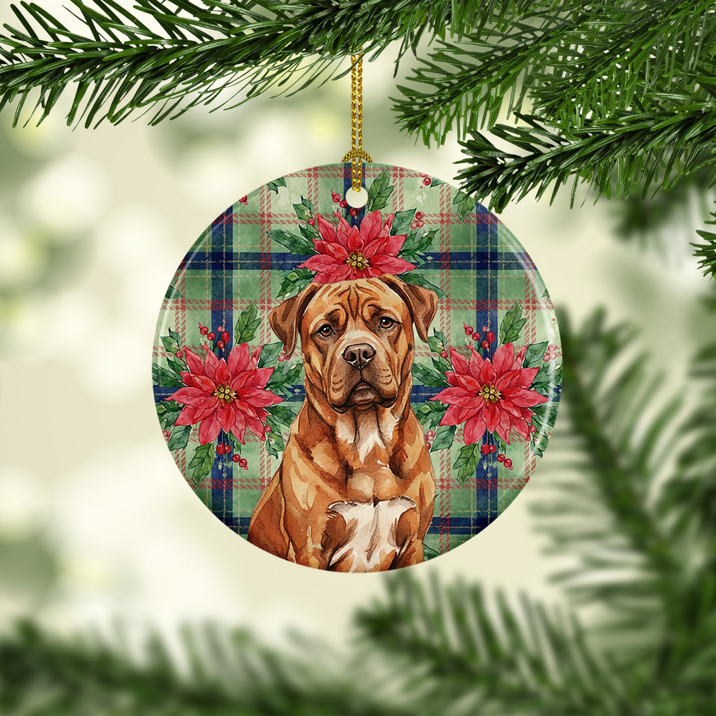 Mahogany Dogue de Bordeaux Christmas PoinsettIas Ceramic Ornament