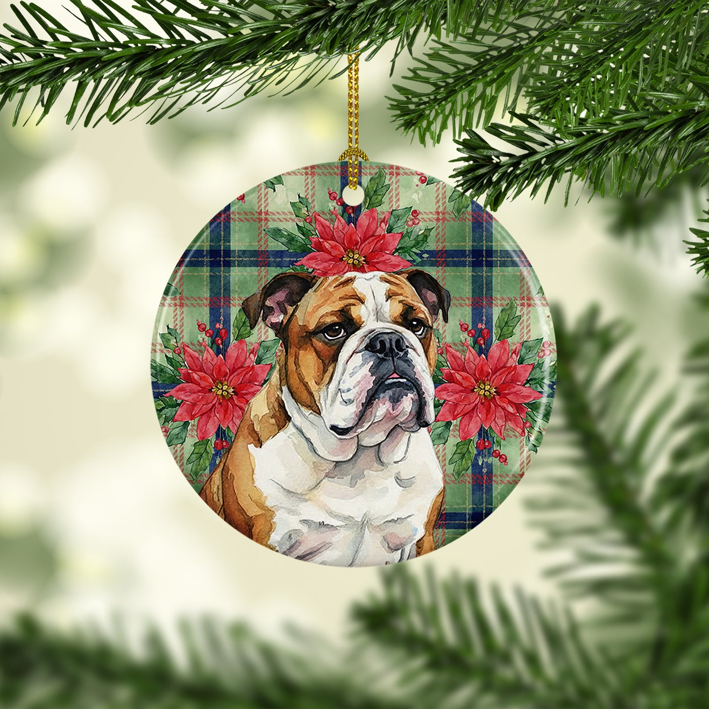 Brindle and White English Bulldog Christmas PoinsettIas Ceramic Ornament