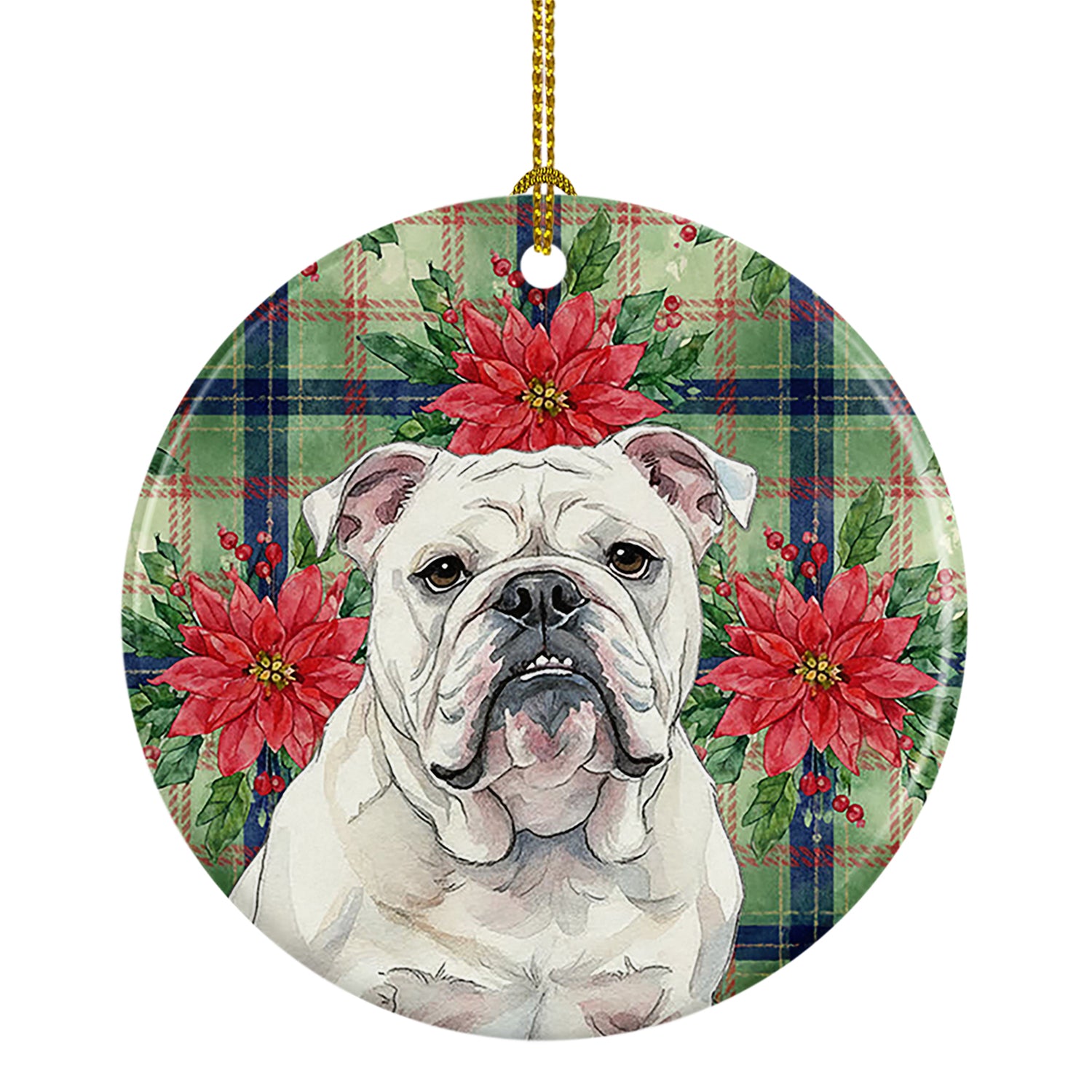 Buy this White English Bulldog Christmas PoinsettIas Ceramic Ornament