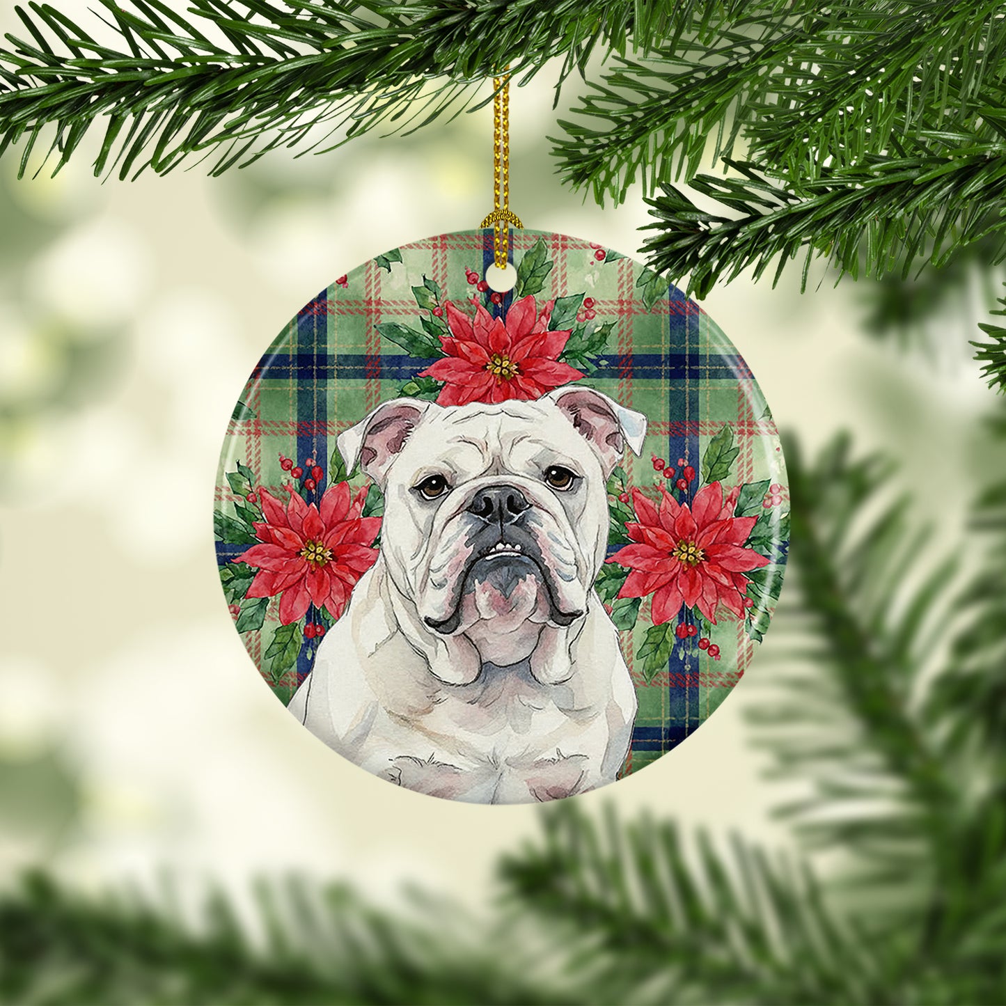 White English Bulldog Christmas PoinsettIas Ceramic Ornament